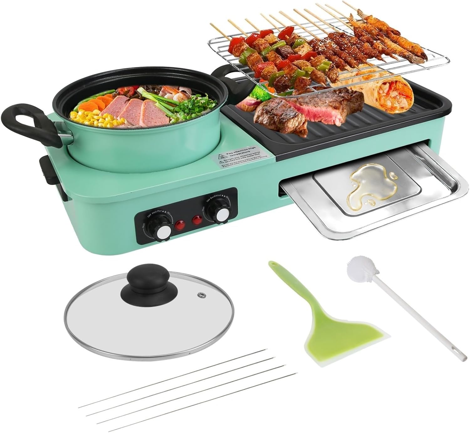 3-in-1 Electric Hot Pot Grill Combo, 1600W Independent Dual Temperature Control Non-Stick Smokeless Detachable Electric Cooker for 3-5 People Family Party Kitchen Dining