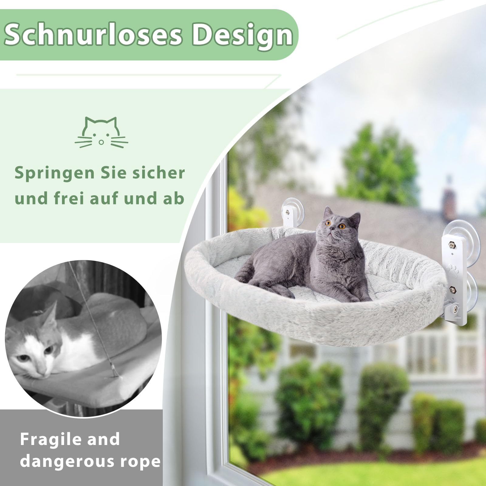 GUUSII HOME Fensterliege für Katzen Katzenbett Fenster Hängematte Katzenhängematte Katze Fensterbank Katzenliege Klappbar Fensterliegeplatz Fensterhängematte Katzenhängebett Bis zu 18kg (Grau, M)