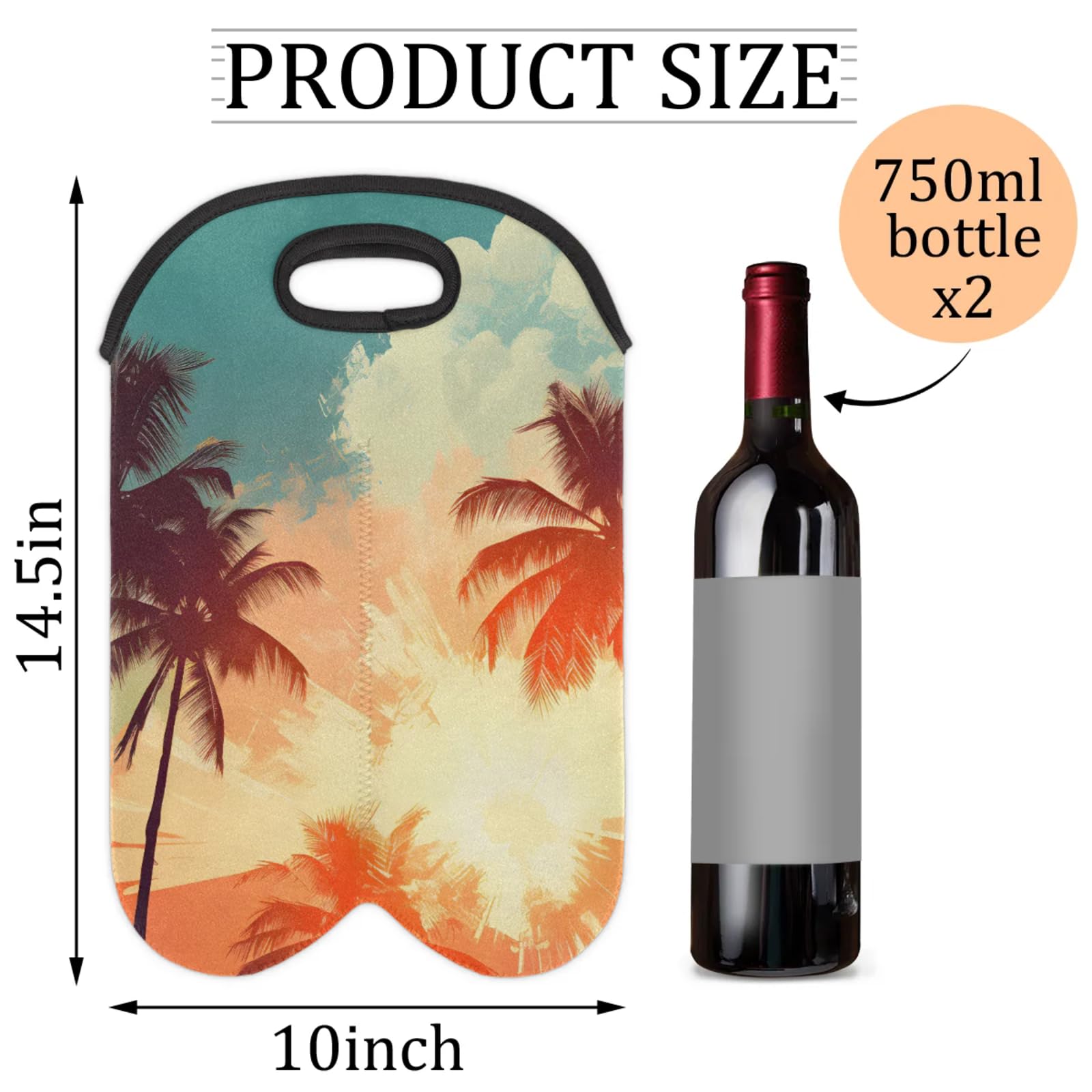 GzLeyigou 2 Bottles Coconut Tree Beach Wine Bag Sleeve Totes Neoprene Protective Wine Carrier Bag for Wine,Water, Champagne, Beer, Baby Bottles,Gift 14.5 x 10 Inches