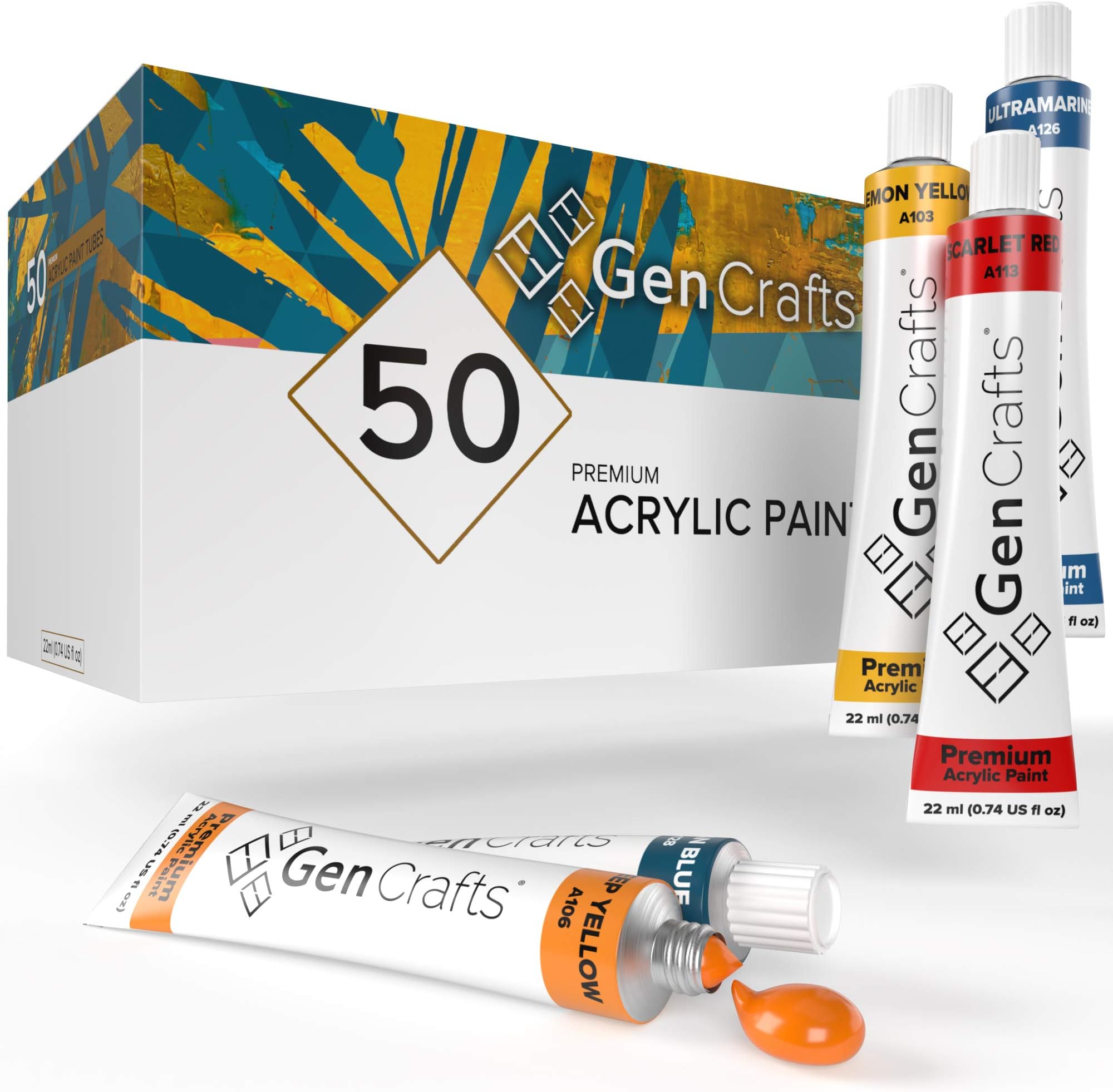 GenCraftsAcrylic Paint - Set of 50 Premium Vibrant Colors - (22 ml, 0.74 oz.) - Quality Non Toxic Pigment Paints for Canvas, Fabric, Wood, Crafts, and More