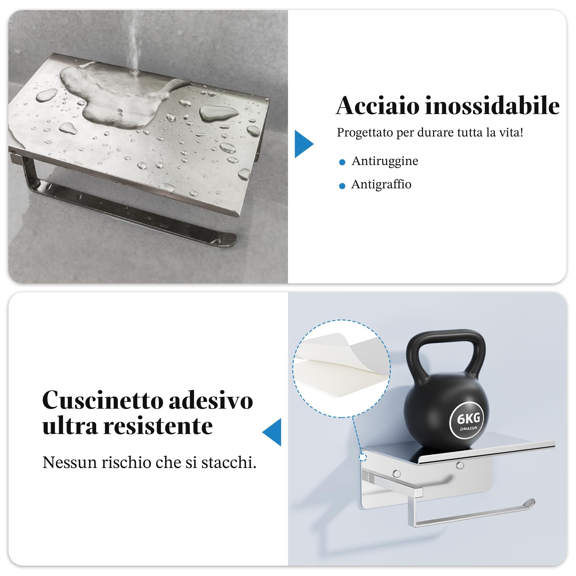 susswiff Portarotolo per carta igienica con ripiano, cromato, porta rotolo di carta igienica, autoadesivo, senza foratura, per bagno, in acciaio inox, argento