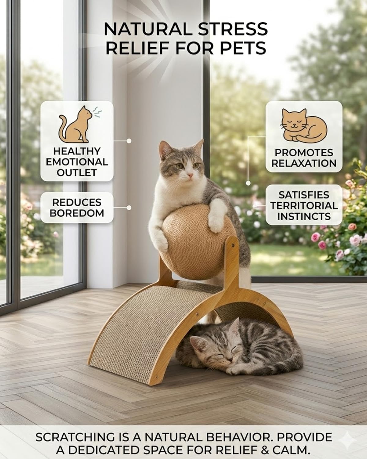 Cat Scratching Ball on Stand - Solid Wood Interactive Cat Scratcher, Sisal Rope Cat Scratcher Ball for Indoor Cat Kittens Interactive Pet Toys (M)