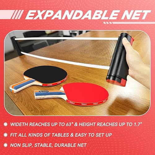 Miniatura 5 de FBSPORT Set de palas de ping pong, juego de tenis de mesa con 4 raquetas y 8 bolas, red retráctil con bolsa de almacenamiento - accesorios de pala