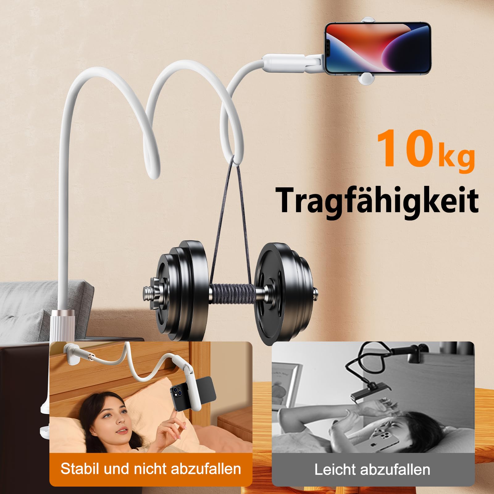 Supporto per cellulare a collo di cigno per letto, supporto flessibile per cellulare, a braccio lungo, con mini morsetto girevole a 360°, compatibile con dispositivi da 4,7 a 6,8" (braccio