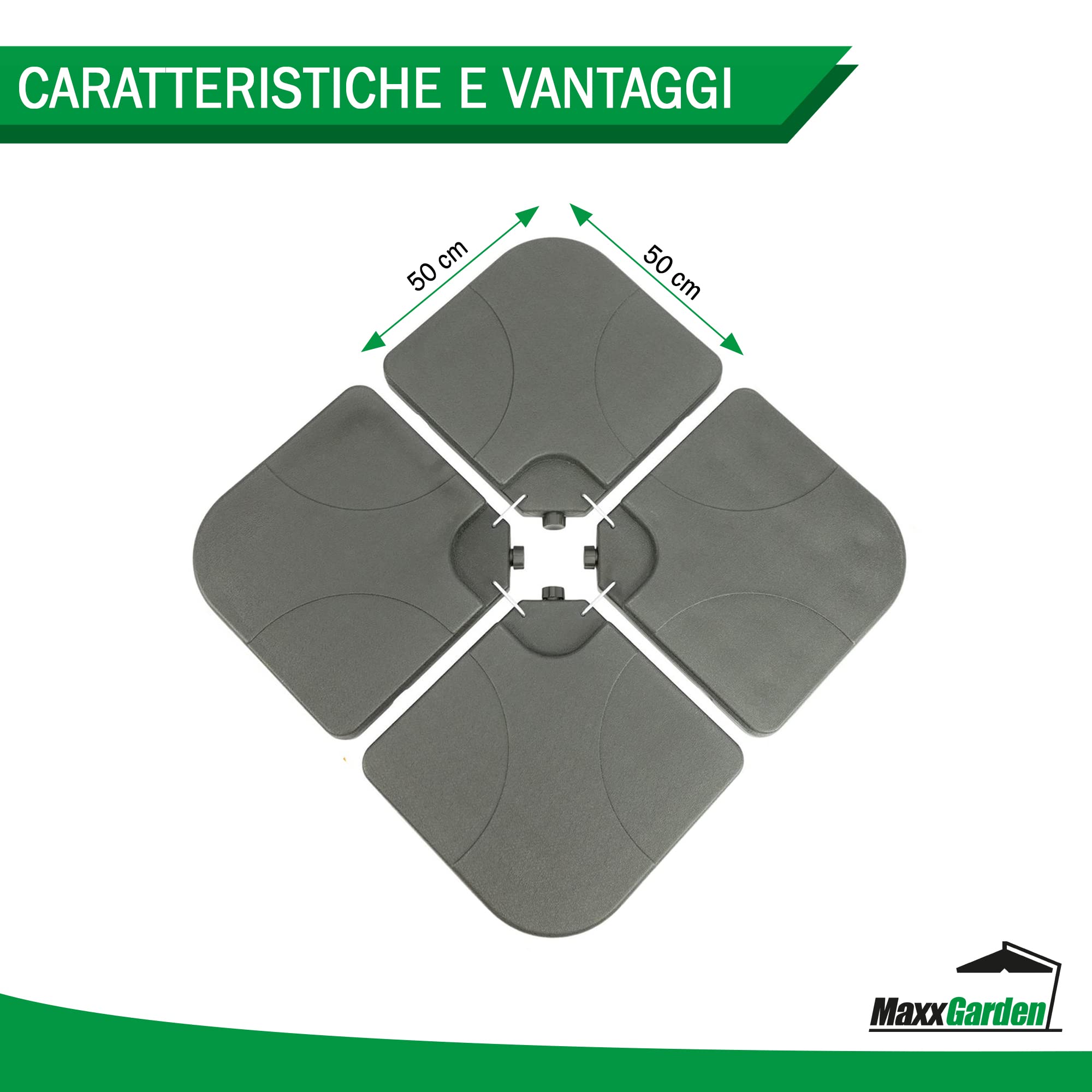 MaxxGarden Supporto per Ombrellone - Set di 4 Pesi per Supporti per Ombrellone, 50 x 50 x 7,5 cm, da Riempire con Acqua o Sabbia, Fino a 100 kg