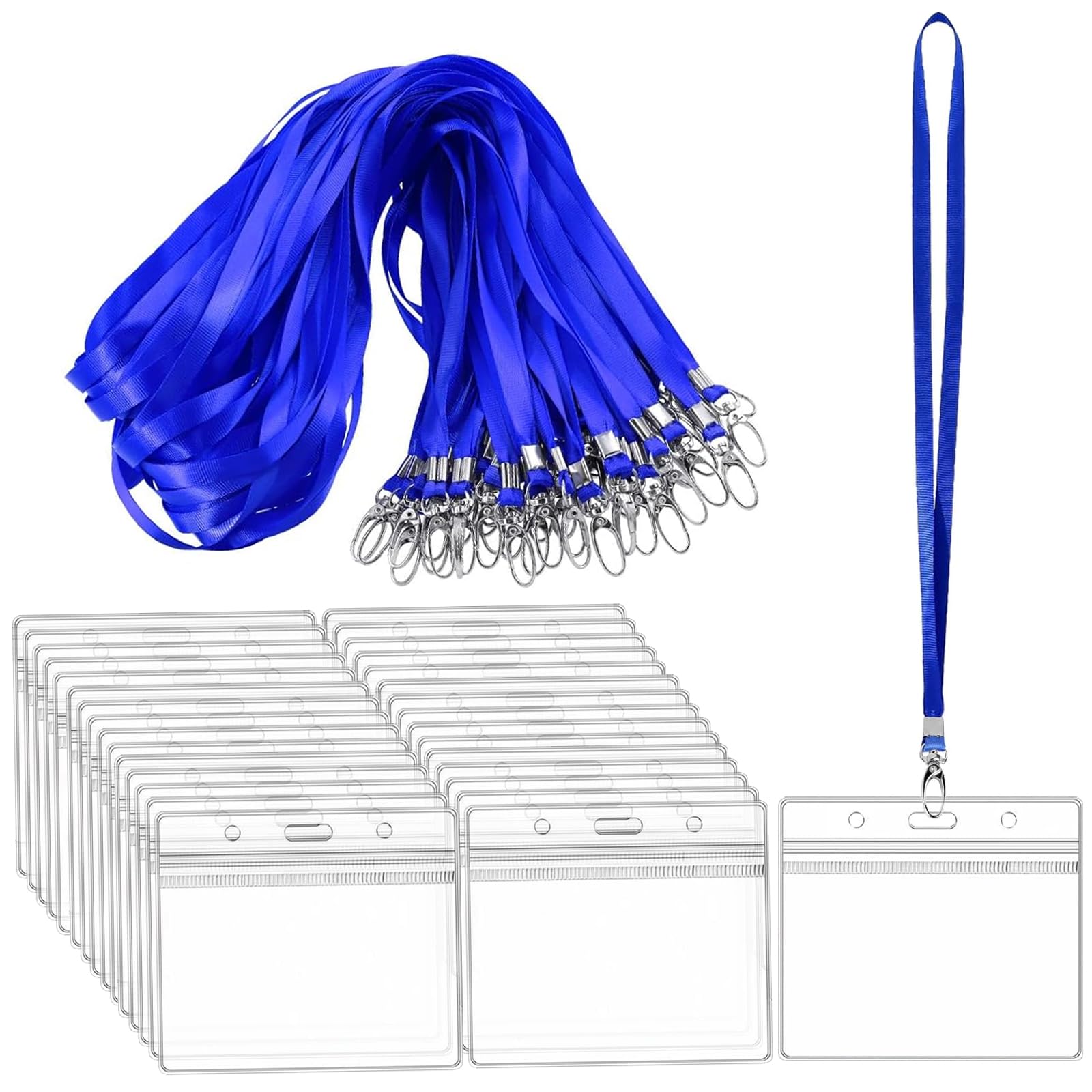 HEITAOZHUANYING 40 Packs Lanyard with Card Holder, Horizontal Sealable Waterproof Clear Plastic, Blue Lanyard