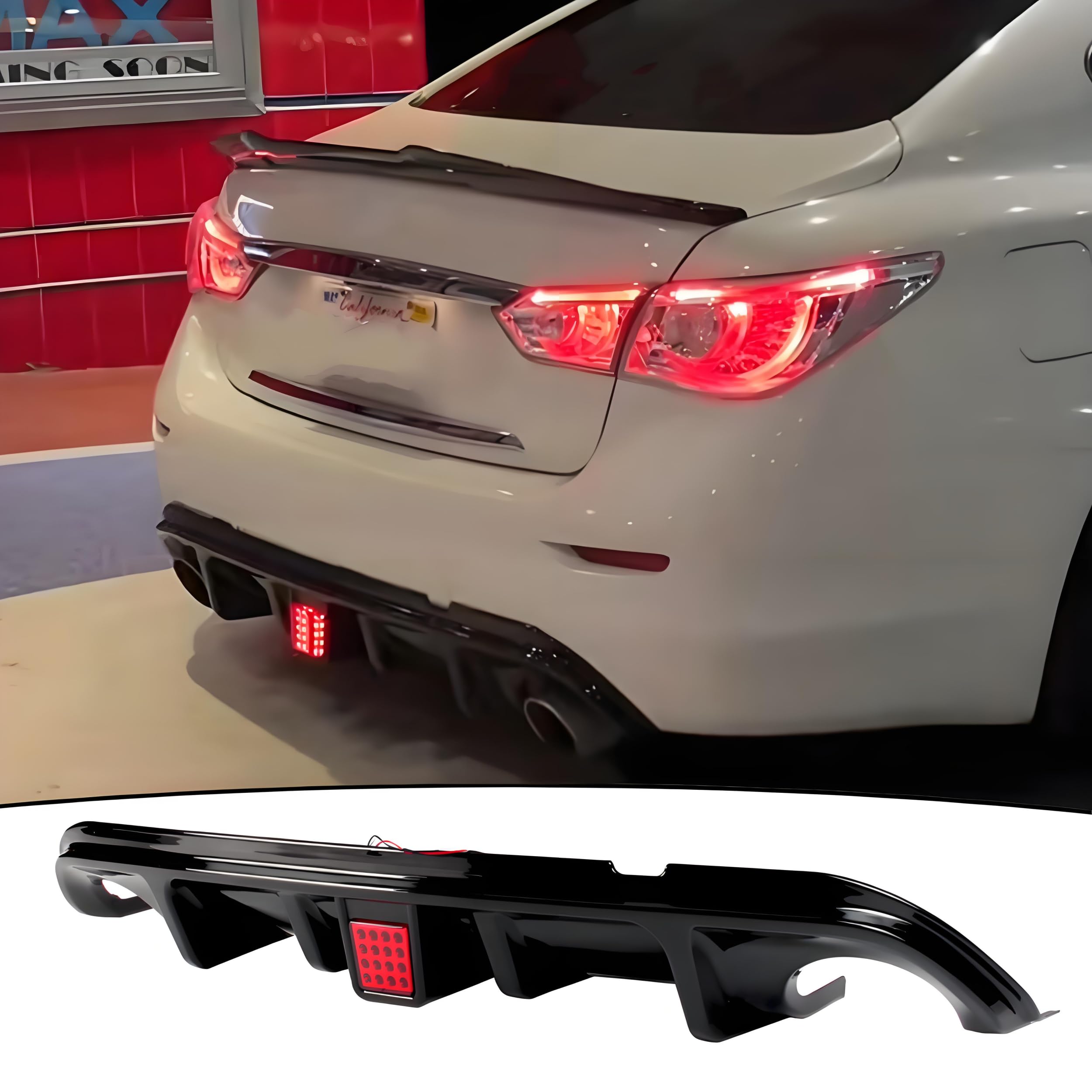 Rear Diffuser W/LED Brake Light Compatible with Infiniti Q50 2014 2015 2016 2017,Add-on Body Kit Rear Bumper Lower Lip Splitter Exterior Accessories (Gloss Black)