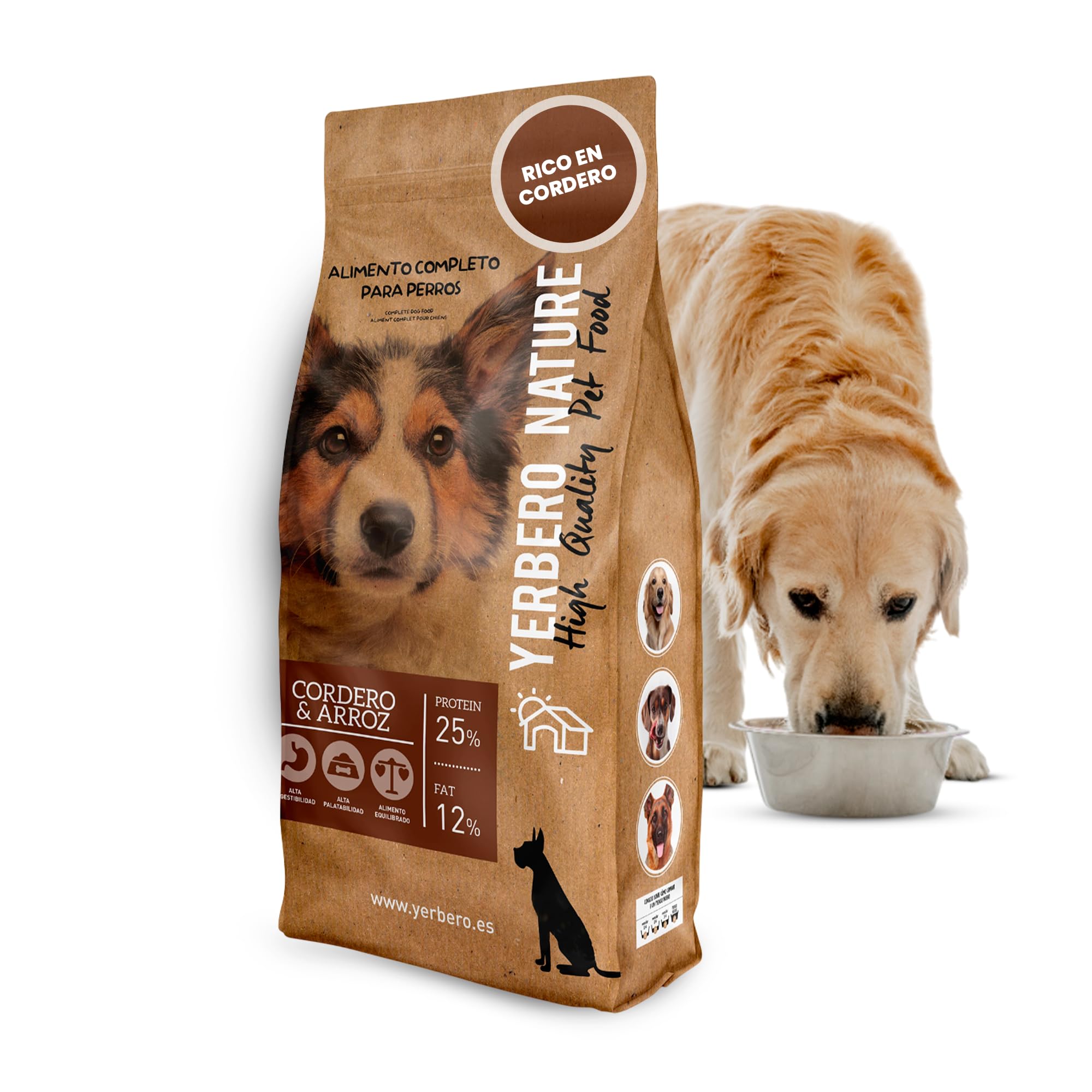 Yerbero Nature Cordero y Arroz, Comida para Perros con Cordero y Arroz,Pienso para Perros Medianos y Grandes, Comida Premium de Alta Digestibilidad Rica en Cordero, 10 Kilos
