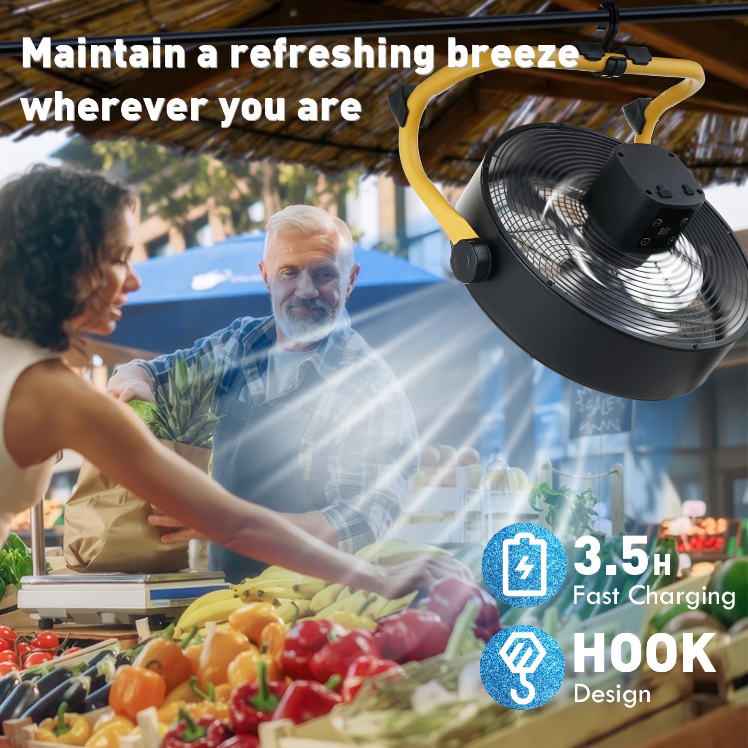 15" Battery Operated Fan Rechargeable Powered,20H Run Time 12 Wind Speed Cordless High Velocity Metal Blade Portable Fan Camping Travel Patio Tent Ind