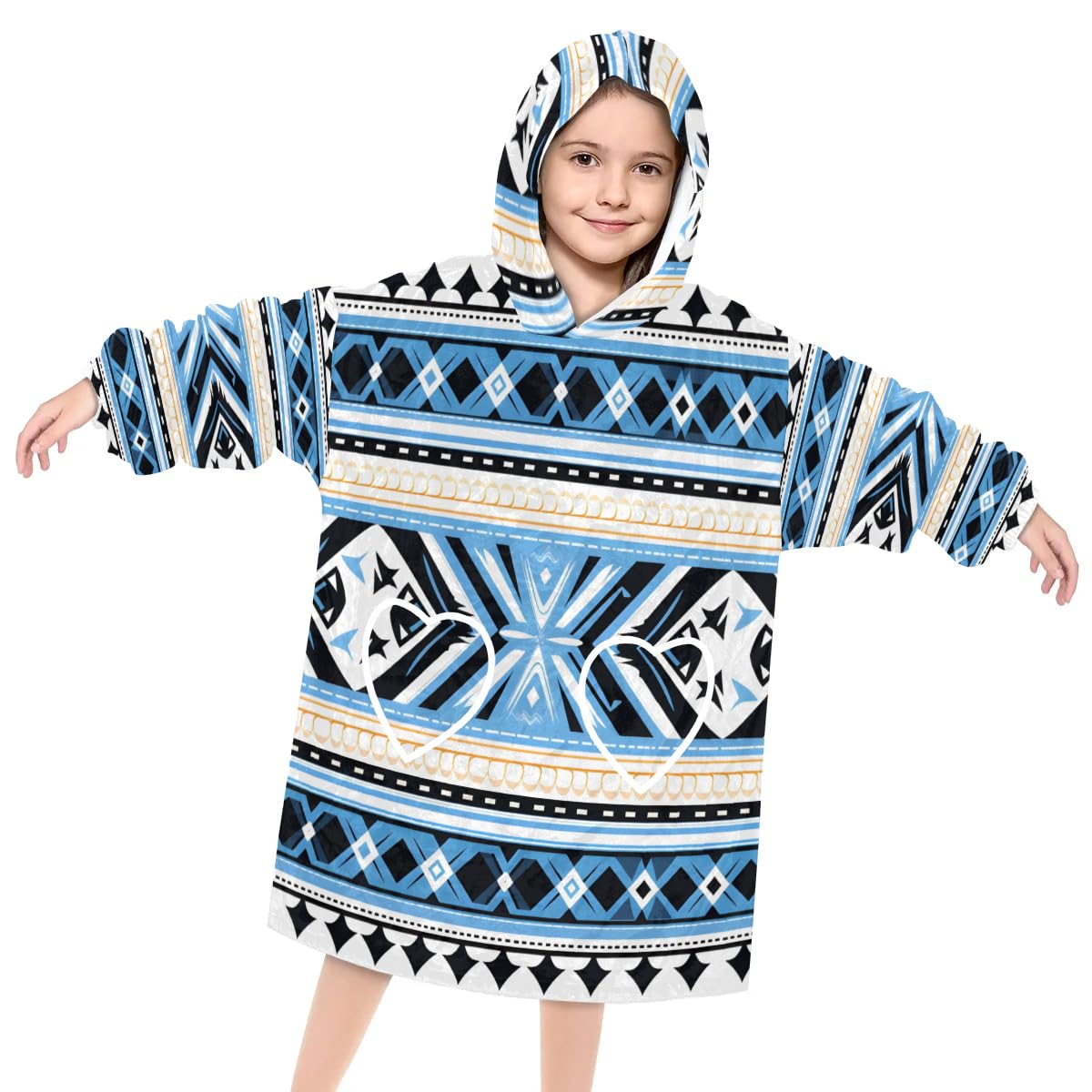 Wearable Blanket Hoodie for Kids, Royal Aztec Fleece Sweatshirt Blanket Oversized Blanket Sweatshirt with Pocket Flannel Warm Hooded Blanket 6-10 Year Old Girl Boy Gift, One Size