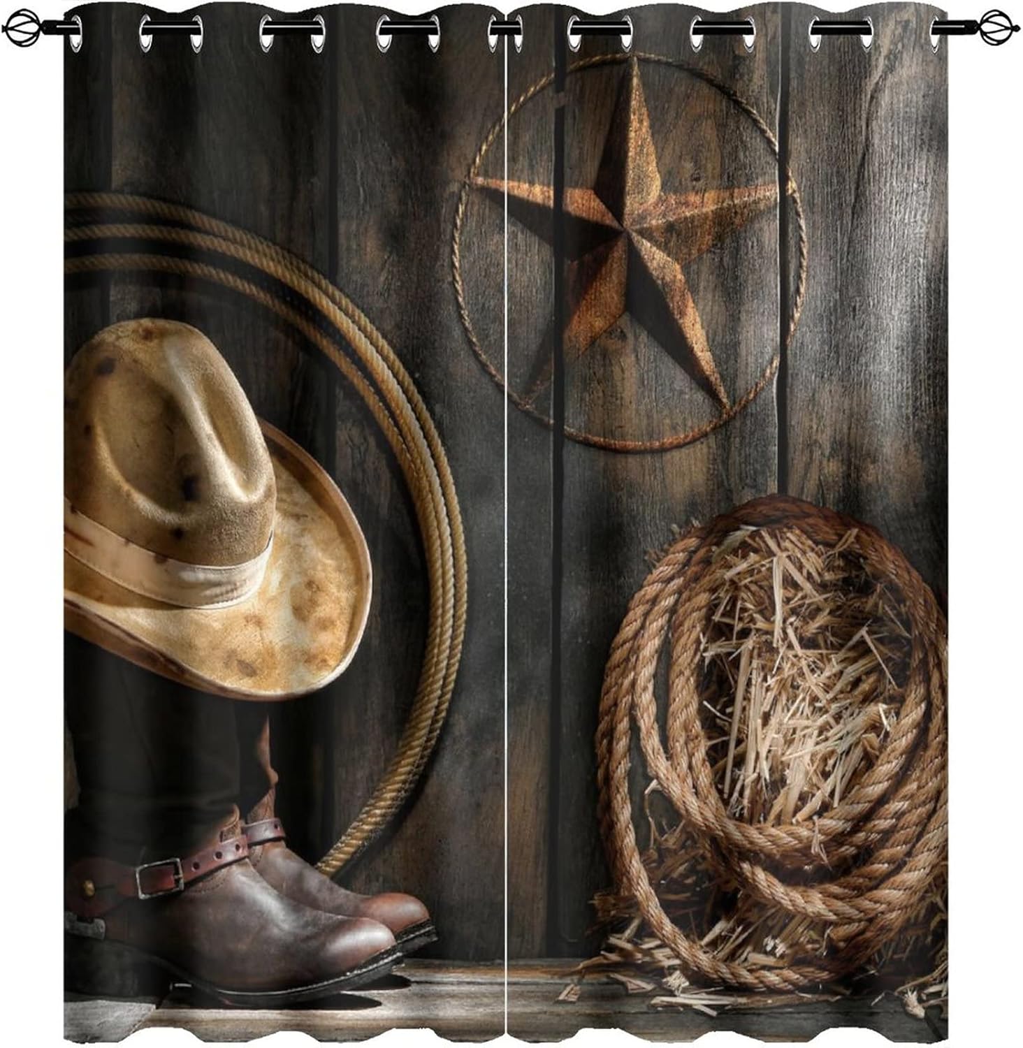 Western Farmhouse Room Darkening Blackout Window Curtains with Grommets,Rustic Cowboy Leather Boots Texas Star Hat on Wooden Energy Efficient Window Treatment for Living Room 2 Panels 63L x 27.5W