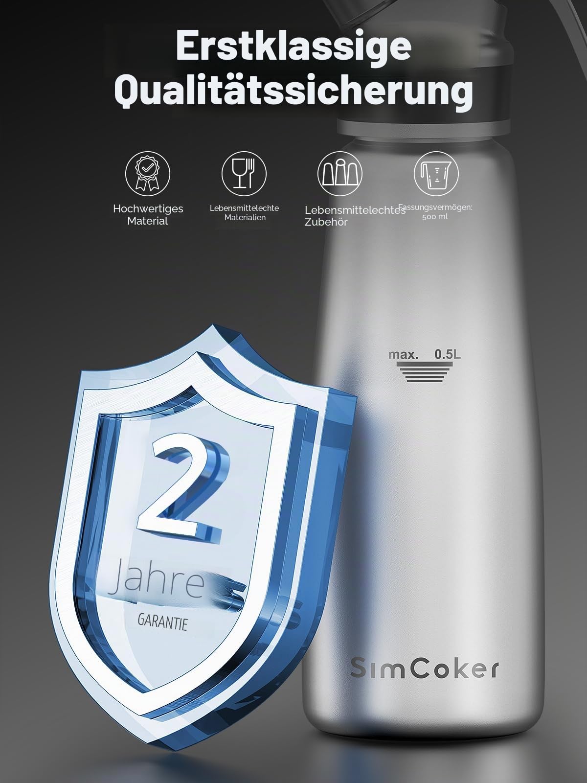 Sahnespender 500 ml aus Aluminium, 3 Tüllen, Silber | Leichter Aluminiumbehälter mit Bürste, Beutel, Kapselhalter und deutscher Anleitung. Sahnekapseln nicht enthalten.