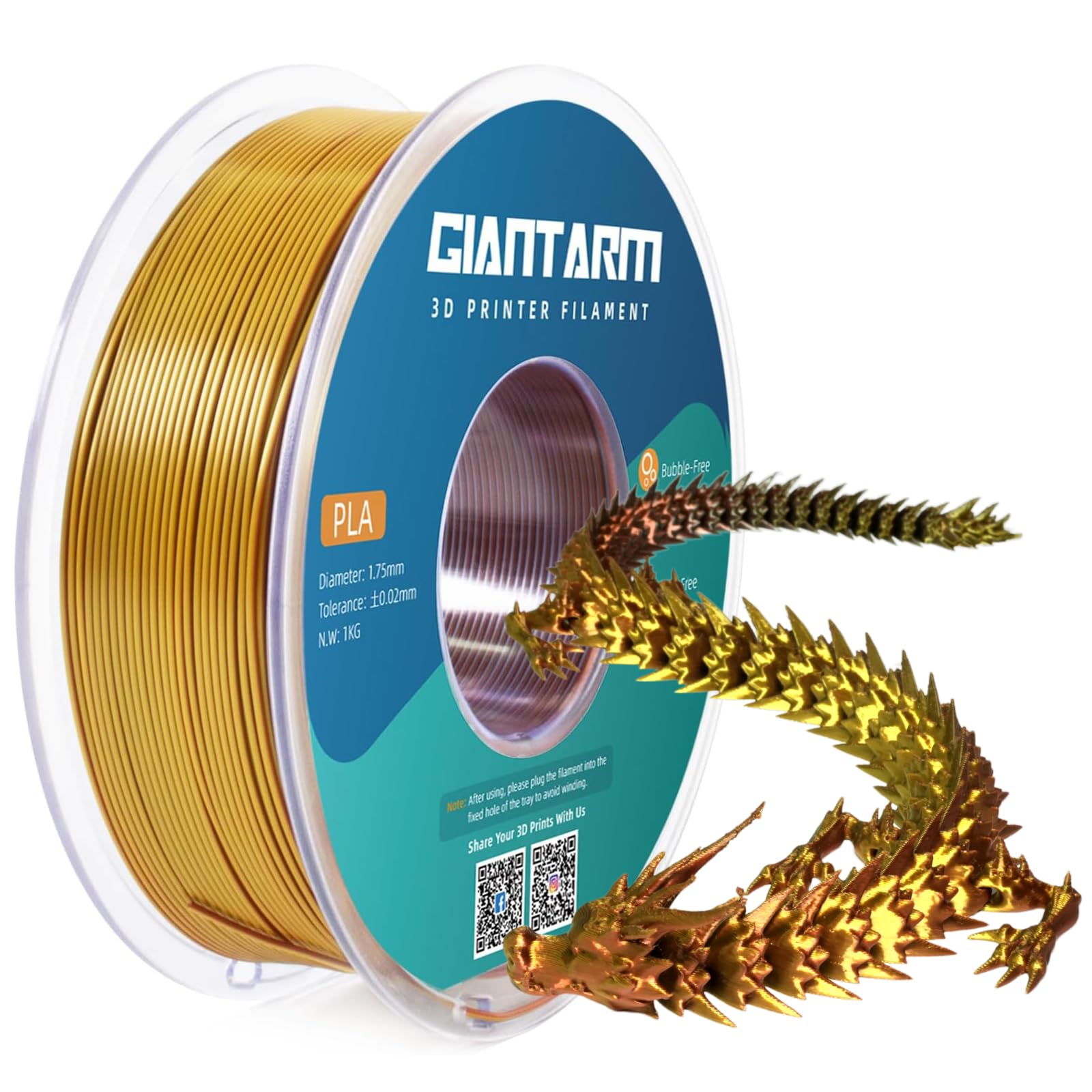 GIANTARM Tri-Colors Silk Pla Filament, 3D Printer Filament 1.75mm +/-0.02mm, 1Kg (2.2lbs) Spool, Vacuum Packaging (Gold+Silver+Copper)