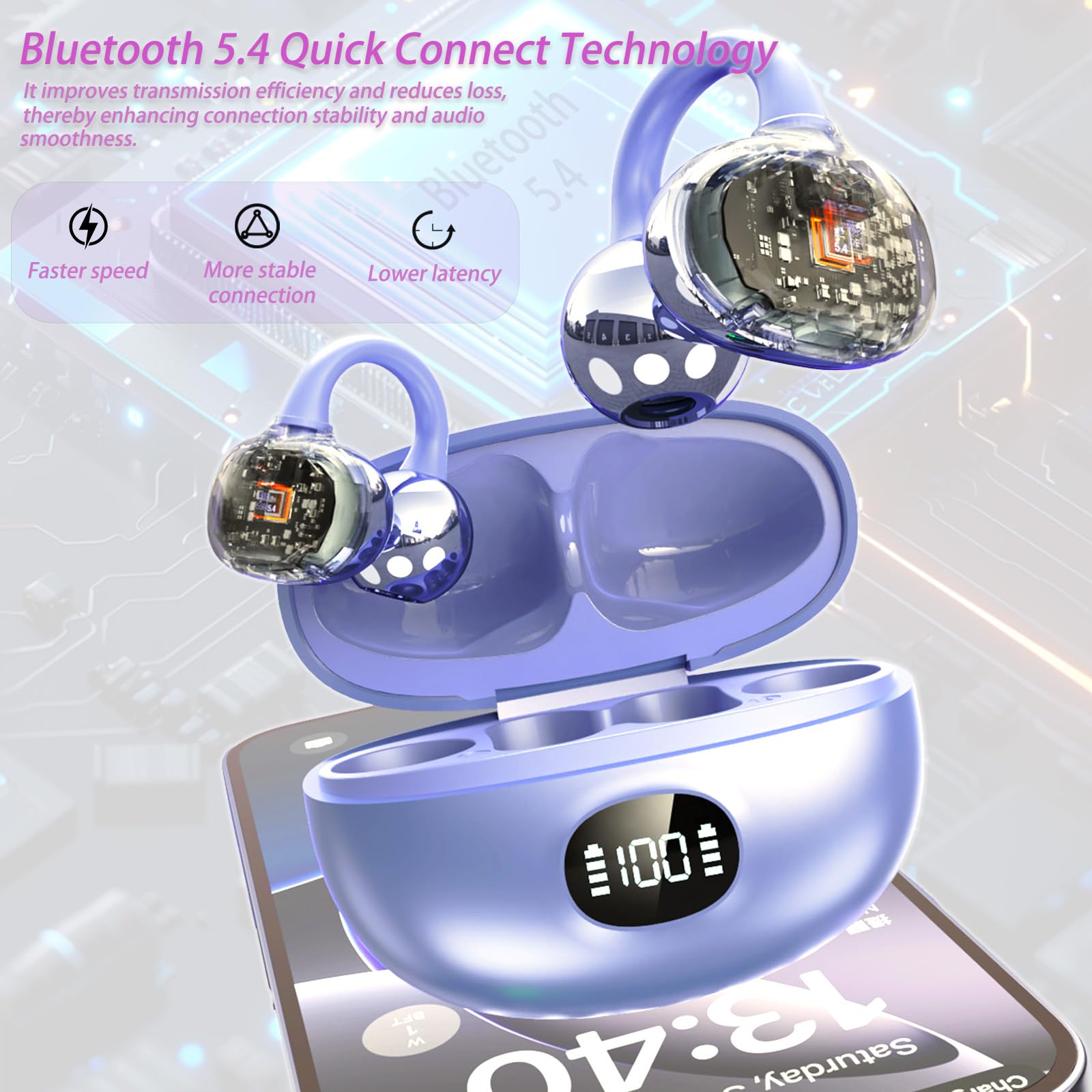 AZJLOOF Écouteurs Bluetooth sans Fil, Open-Ear avec Clip, Léger et Stable Seulement 4.5g, Suppression du Bruit, iOS & Android, IP57, Affichage LED, pour Voyage/Deporte/Études/Running Sport - 4