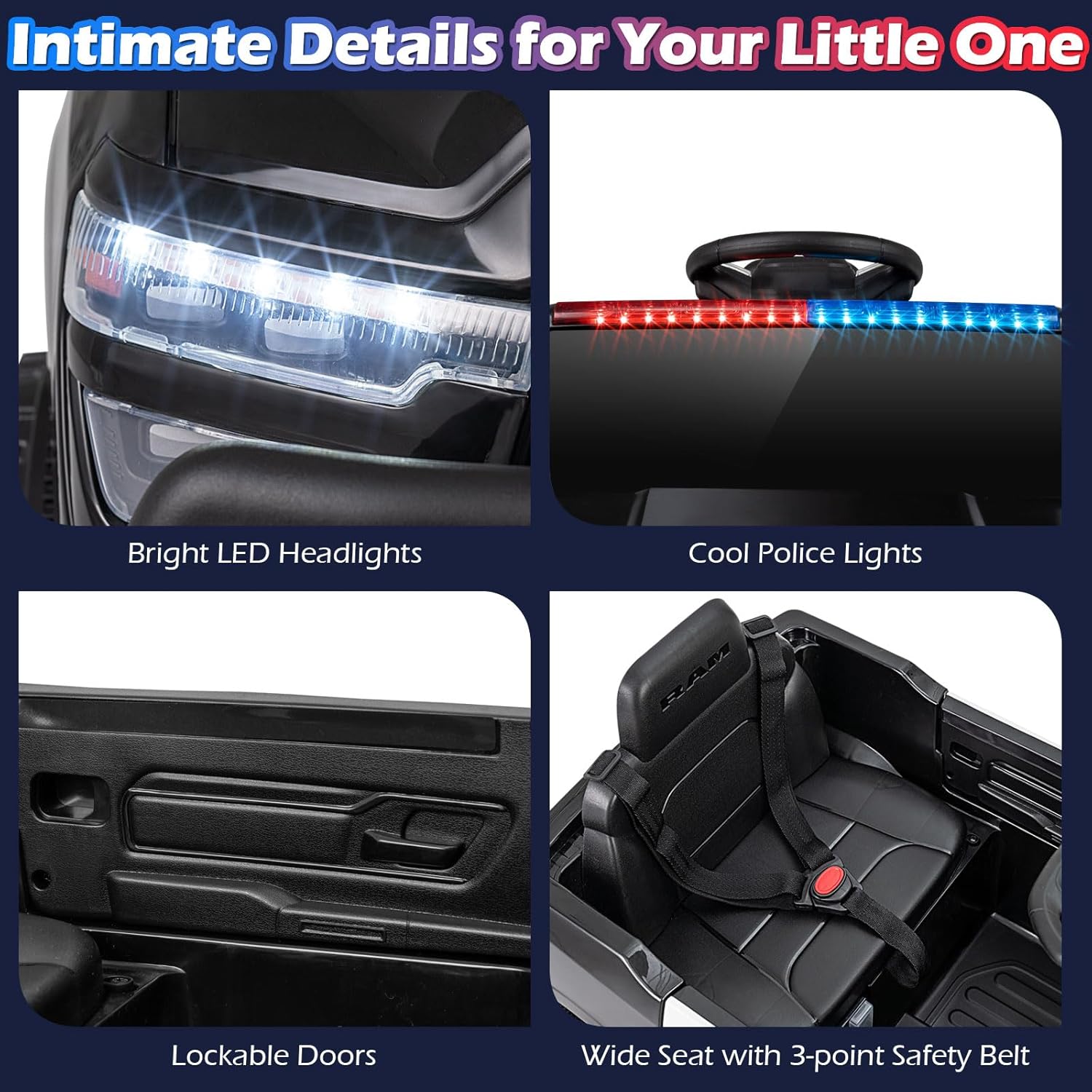 Costzon Police Car Ride On, 12V Licensed RAM Kids Electric Vehicle w/Remote Control, LED Lights, Music, Horn & Wireless Connection, Soft Start, Kids Car Toyt for Boys Girls (1-Seater,Police Dark)