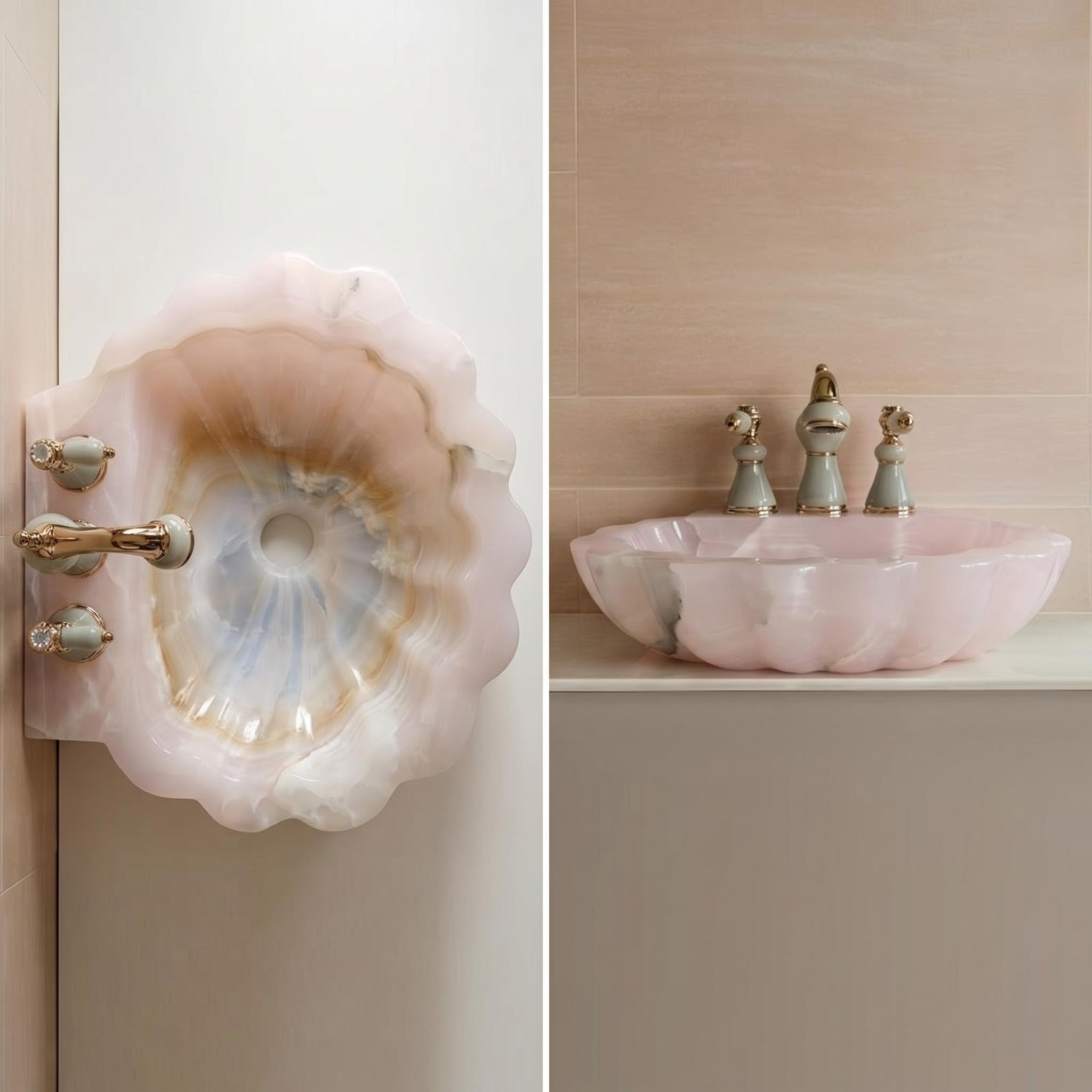 Lavandino da parete in onice rosa con design floreale