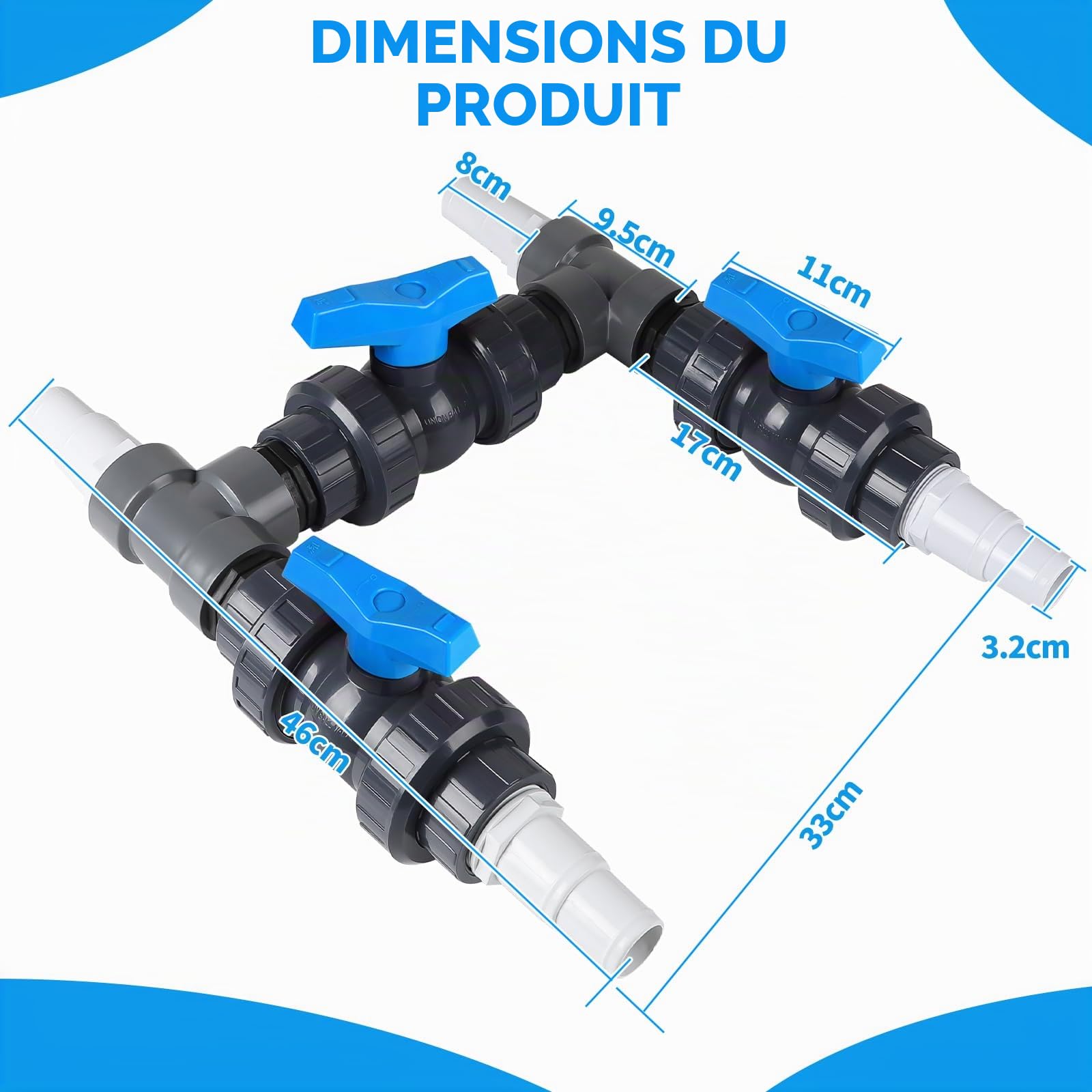 SWAWIS Bypass Piscine 32/38mm Raccord Pompe a Chaleur Piscine Vanne by Pass Chauffage Solaire Système by Pass avec 3 Vanne DN50 4 Raccord Tuyau 32-38mm