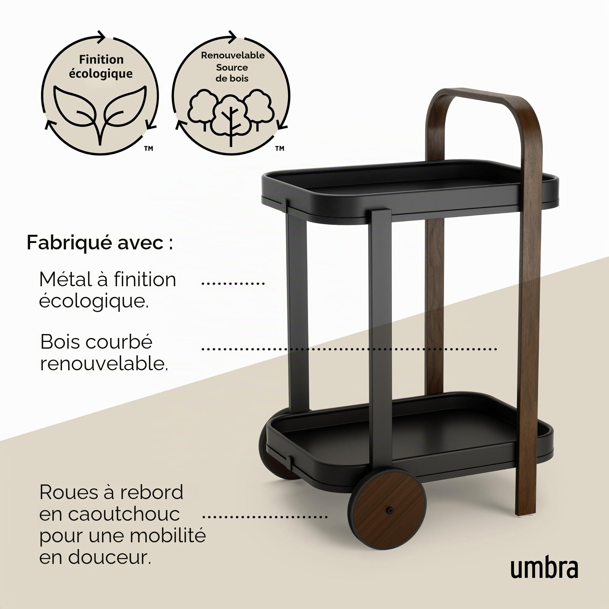Umbra Bellwood Desserte à roulettes et Table d'appoint avec 2 étages et Plateaux Amovibles, Noir/Noyer