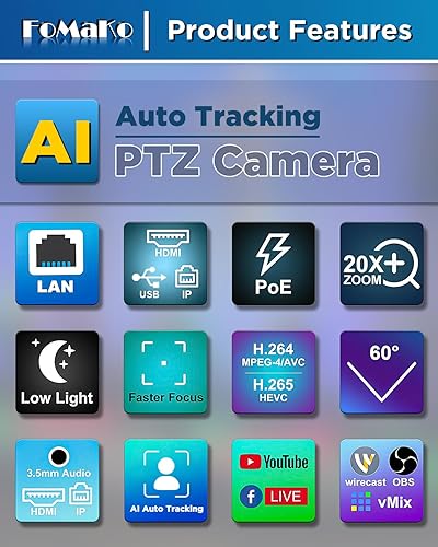 Miniatura 4 de FoMaKo Cámara HDMI PTZ AI seguimiento automático Gen 3, zoom óptico 20x, cámara IP USB3.0 HDMI para servicios religiosos, educación de adoración,