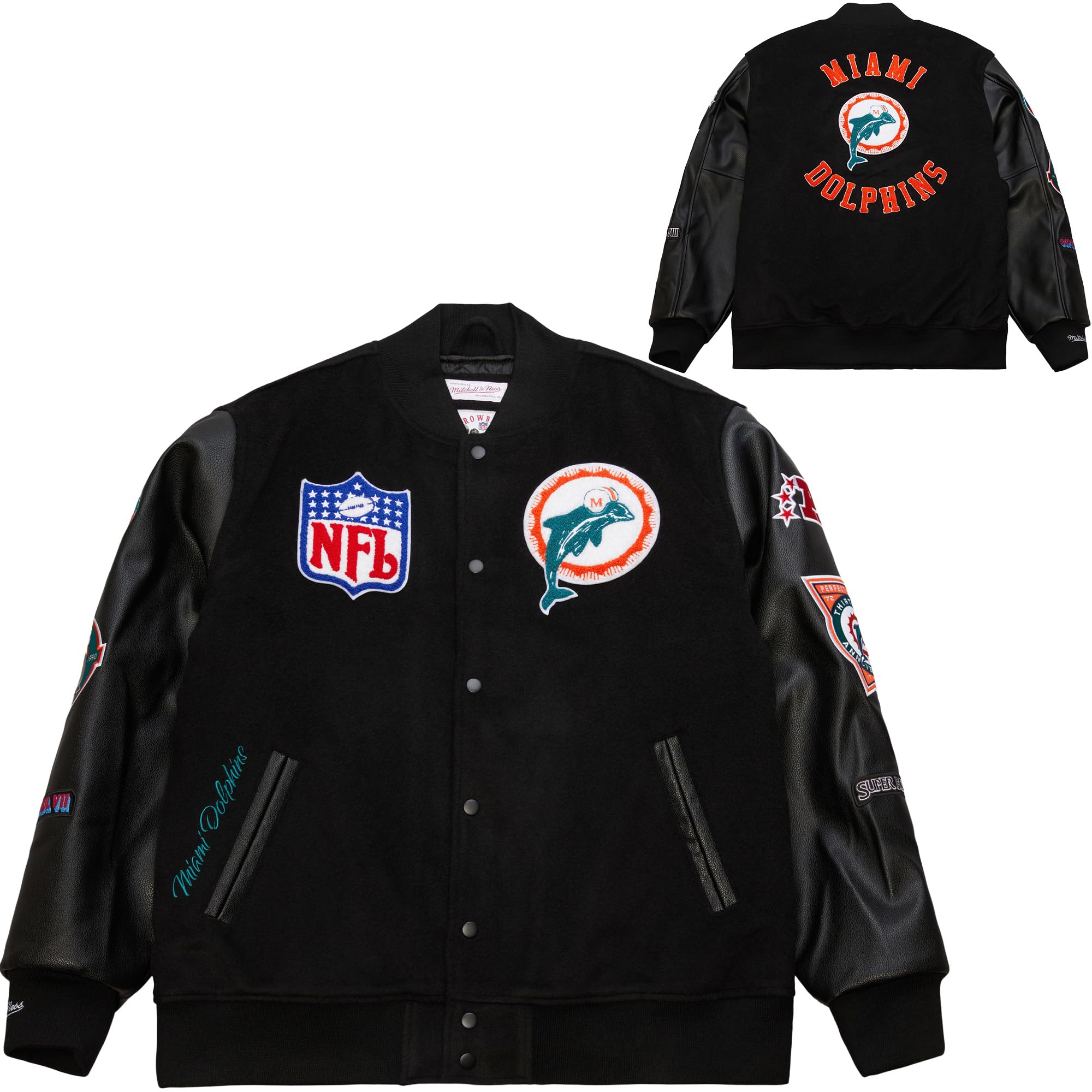 Mitchell & Ness NFL Blackout Giacca college retrò | Miami Dolphins | Misurare L, Nero, misto lana e poliestere, maniche in PU, toppe e ricami di alta qualità su petto e maniche, polsini a coste