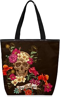 Sacolas de lona com zíper e bolso interno, bolsa de ombro feminina casual bolsa de mão flor rosa caveira, bolsas de compras reutilizáveis de cozinha, bolsas de lona para uso para livros, sacolas de compras, sacolas de presente, Multicor