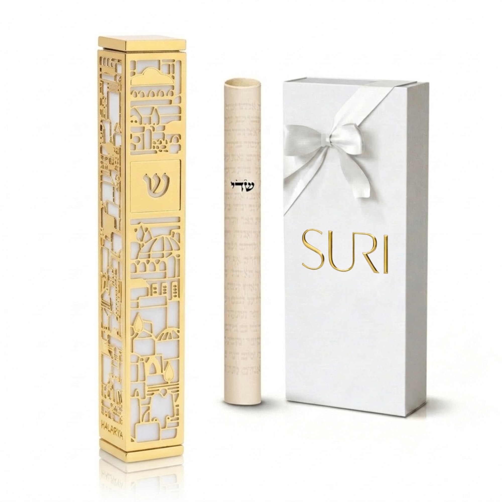 SURI Mezuzah for Door with Scroll, 6 Inch Gold and White Mezuzah Case with Non Kosher Scroll Inside, Fits a 5 Inch Scroll, Includes Adhesive and Gift Box