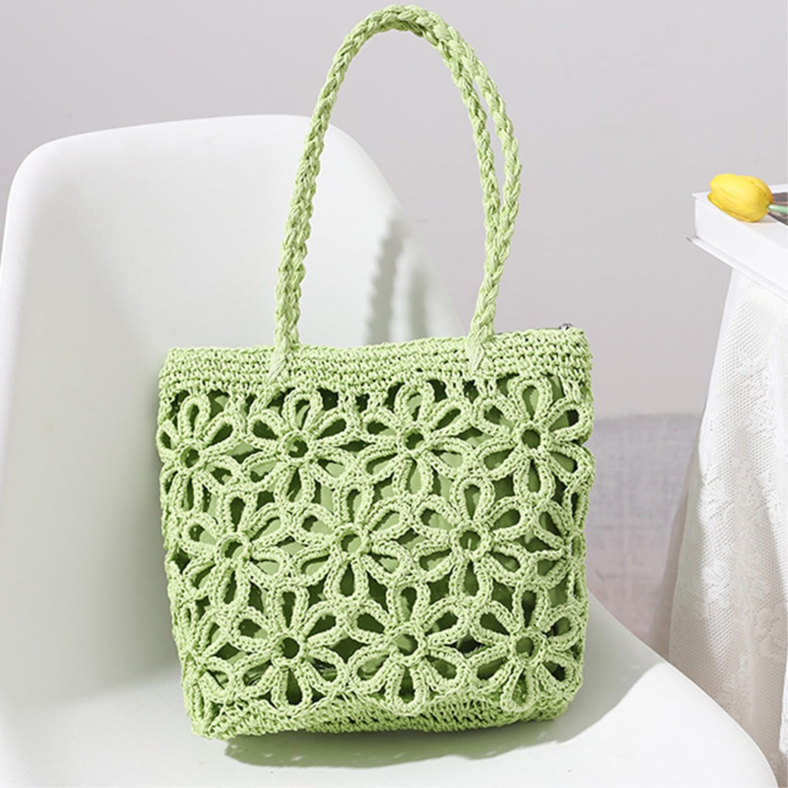 Borsa Spalla Paglia Nuovo Sacchetto di Cavo Fiore Tessuto da Donna Portatile Vacanza al Mare Spiaggia in Rattan-Brown