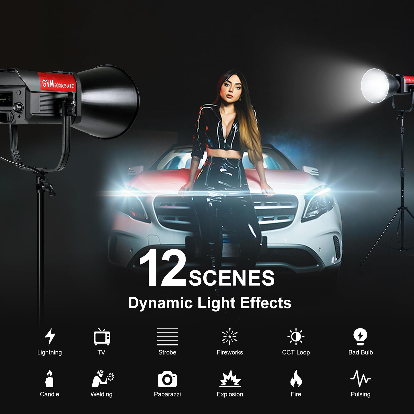 GVM 300W LED Video Light, 221950lux/1m, ARO SD300B Fotografia Kit di illuminazione con APP Control, 2700K-6800K Studio Light Kit Illuminazione Continua per YouTube, Film, 12 Effetti Scene