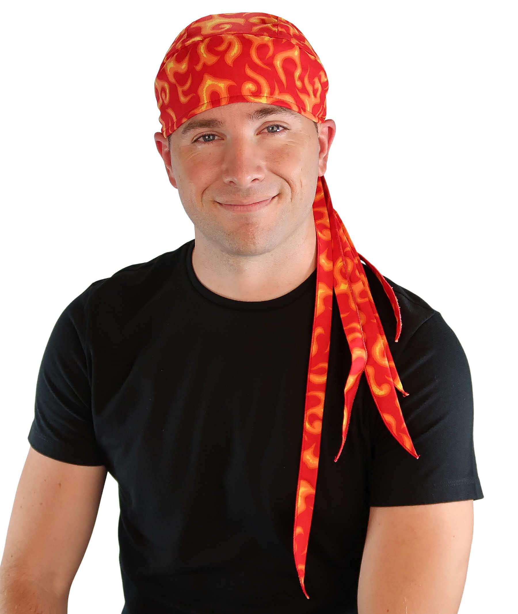 Sparkling EARTH Liquid Orange Flames on Red Nomad 10 Tail Skull Caps - American Made Skull Caps Doo