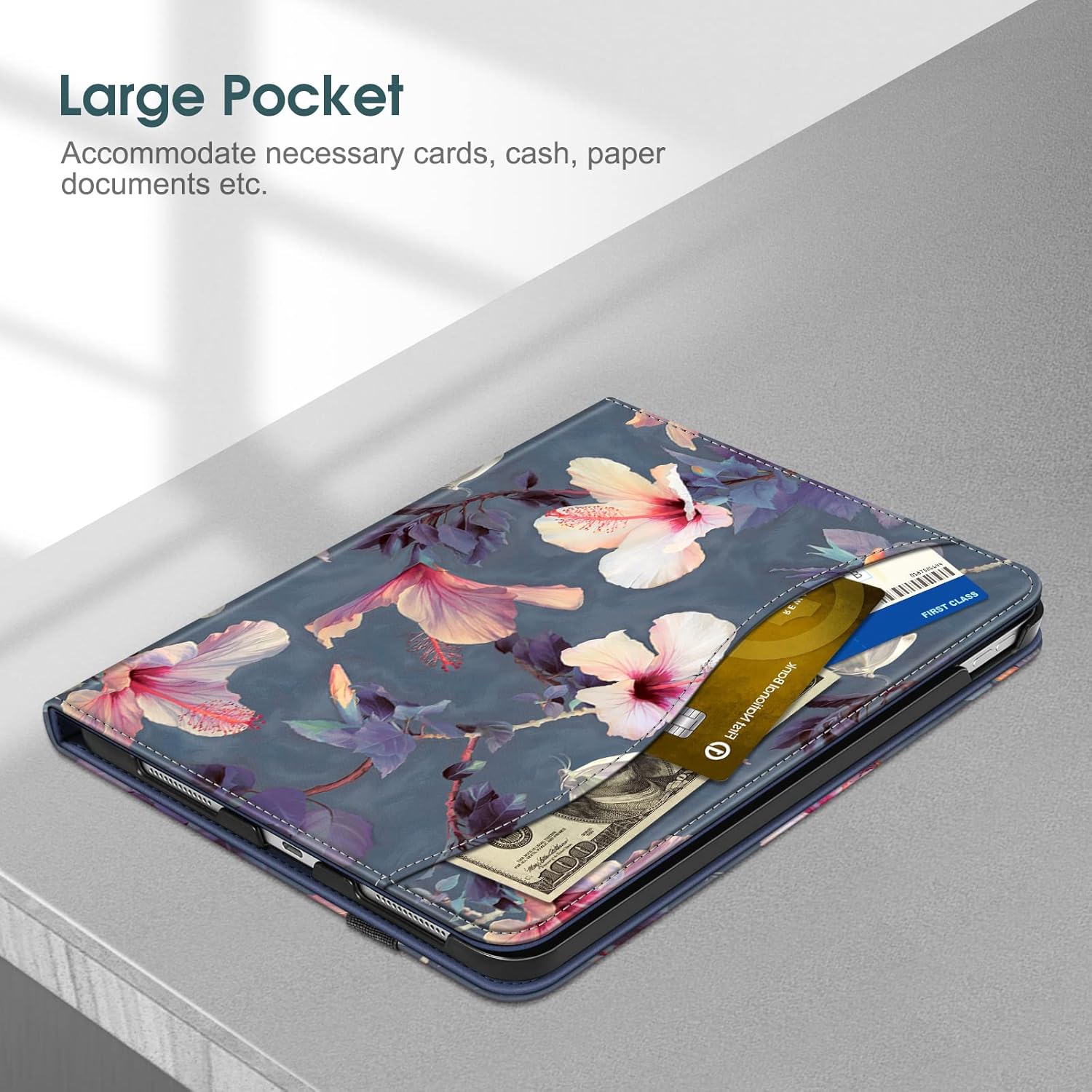 Image showing the large pocket on the case with cards and cash inside.