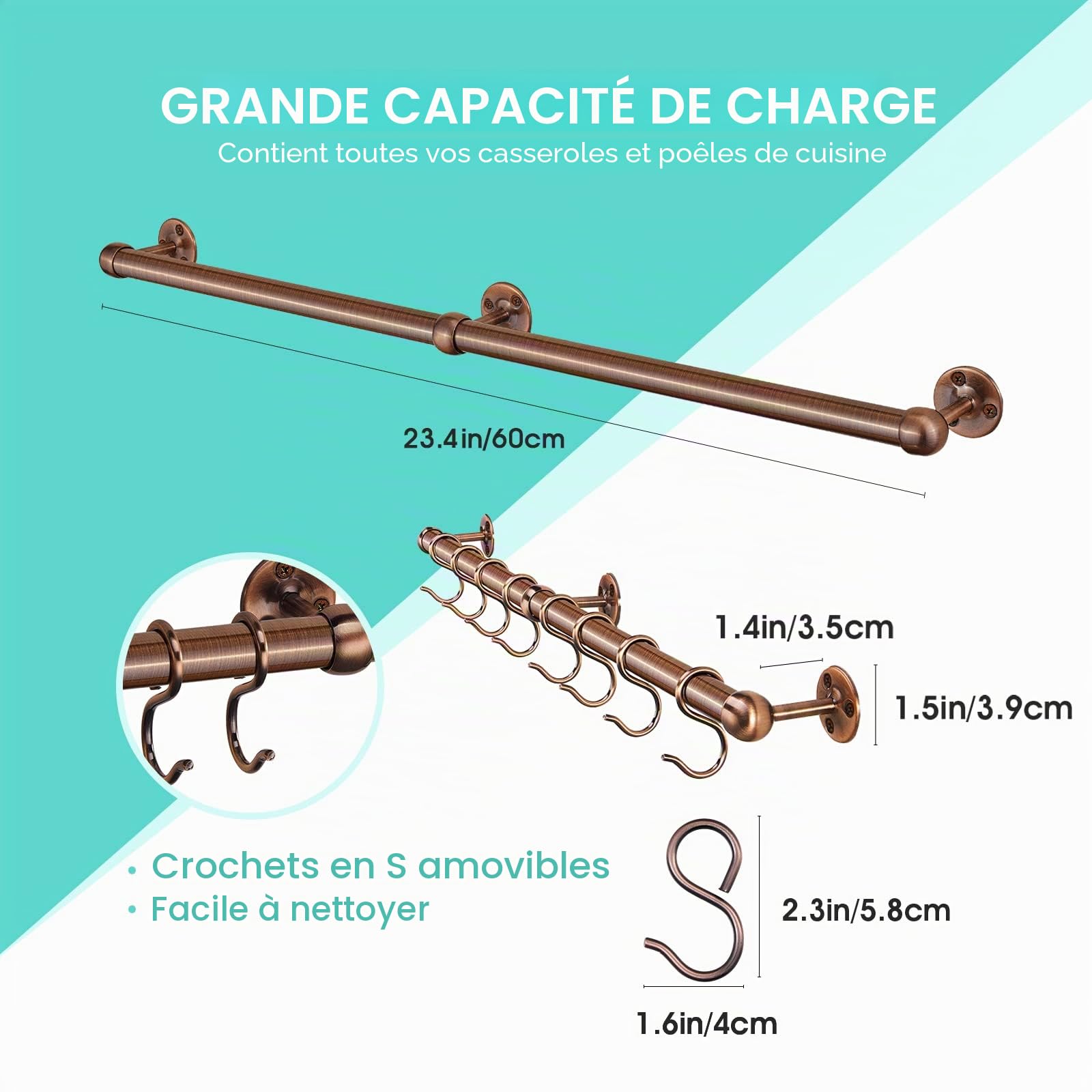 Rothley Support à suspendre pour casseroles et poêles en acier inoxydable de 60 cm - Support mural pour casseroles et poêles - Support mural pour cuisine avec crochets (cuivre antique)