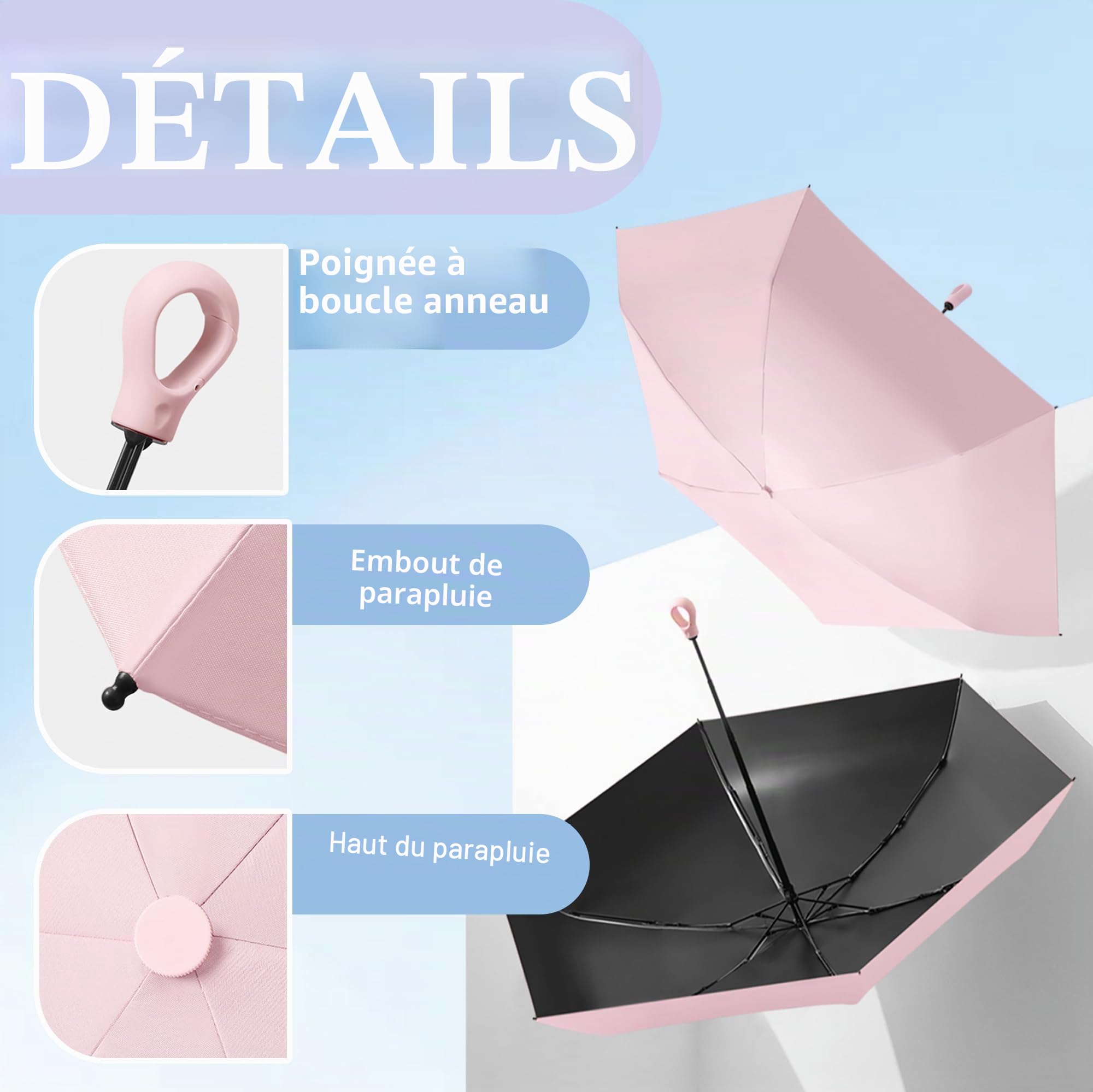 Mini Pliant Voyage Compact Poche Parapluie Avec Poignée Mousqueton,Femme Et Enfant,Soleil Et Pluie,Ultra Léger,Côtes En Fibre De Verre,UPF 50+ Protection UV