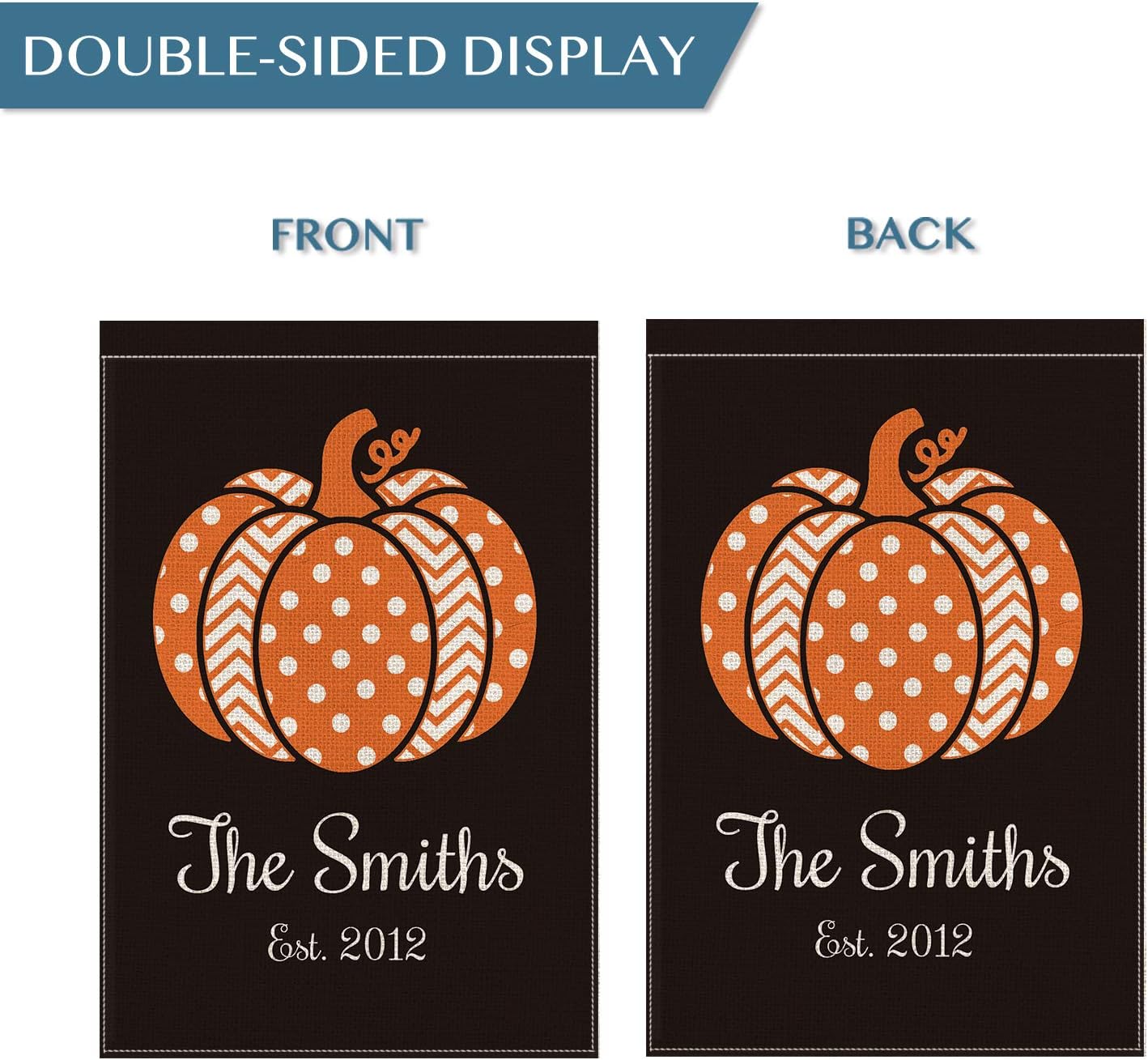 SMILE Personalized Fall Thanksgiving House Flag, Customized Family Name And Established Year Pumpkin, Double Sided 28 x 40 Inch Rustic Farmhouse Burlap Yard Outdoor Decoration