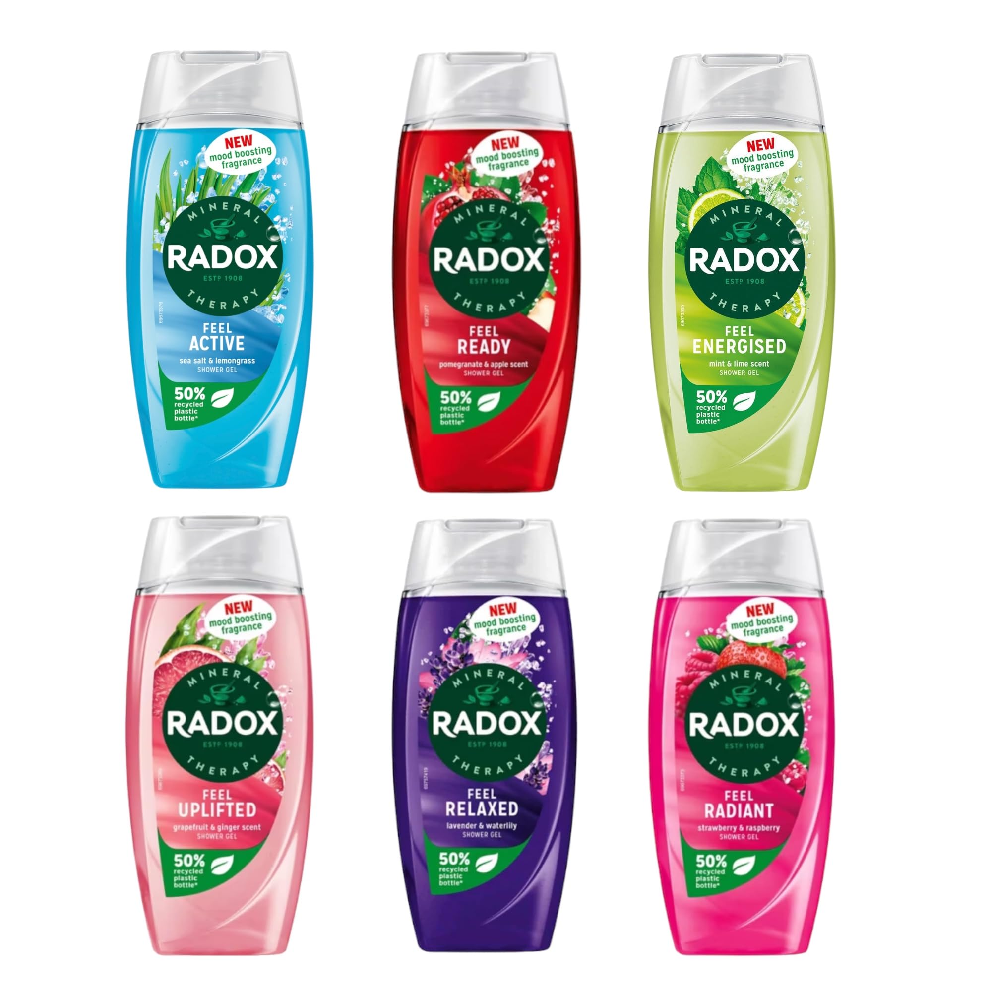 Radox Shower Gel Bundle For Everyday Use | 1x225ml Feel Active | 1x225ml Feel Relaxed | 1x225ml Feel Energised | 1x225ml Feel Ready | 1x225ml Feel Uplifted | 1x225ml Feel Radiant