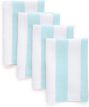Solino Home Linen Cloth Napkins Set of 4-100% Pure Linen Aqua and White Striped Dinner Napkins 20 x 20 Inch for Summer - Cabana Stripe, Handcrafted and Machine Washable