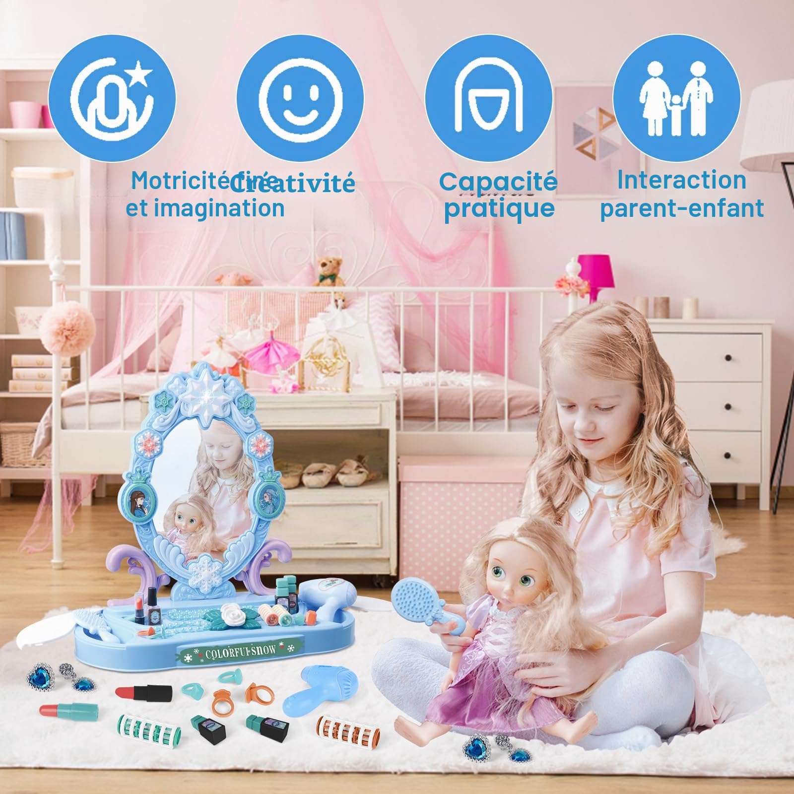 deAO Table De Maquillage pour Fille, Tabouret Et Accessoires Princesse | Coffret Maquillage Enfant Makeup Set avec Coiffeuse Accessoires, Jeu De Role Maquillage Jouets, Jouet pour Fille 3+ Ans Bleu