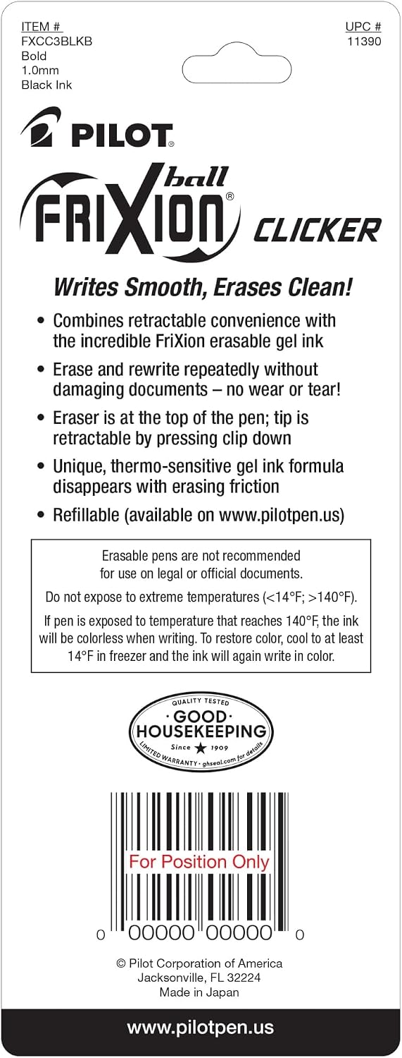 PILOT® FriXion Erasable Retractable Gel Pens, Bold Point, 1.0 mm, Black Barrels, Black Ink, Pack of 3 Pens