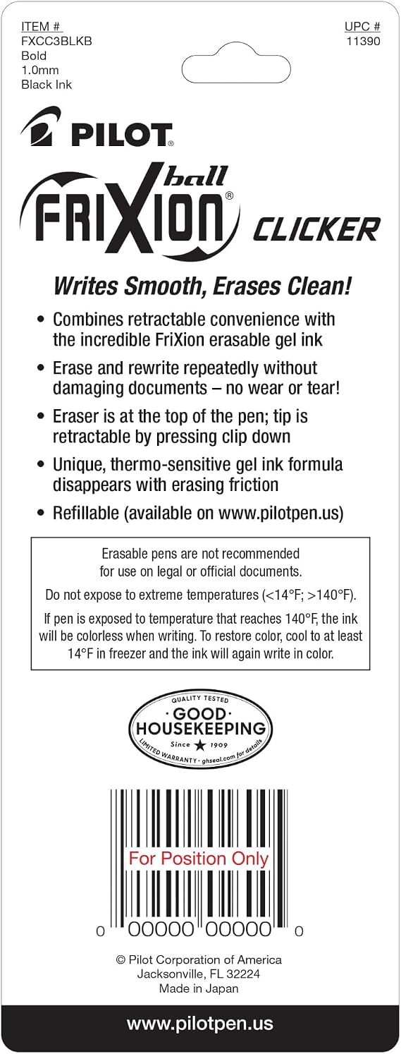 Pilot FriXion Ball Clicker Erasable Retractable Gel Pens, Pack of 3, Bold Point, 1.0 mm, Black Barrels, Black Ink