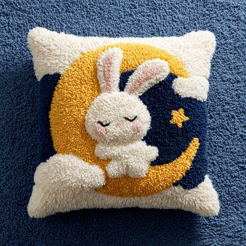 Henypt Latch Hook Kits for Beginners & Adults,Rabbit on the Moon 43x43cm DIY Pillow Cover Craft,Easy Crochet Needlework Kit with Full Accessories