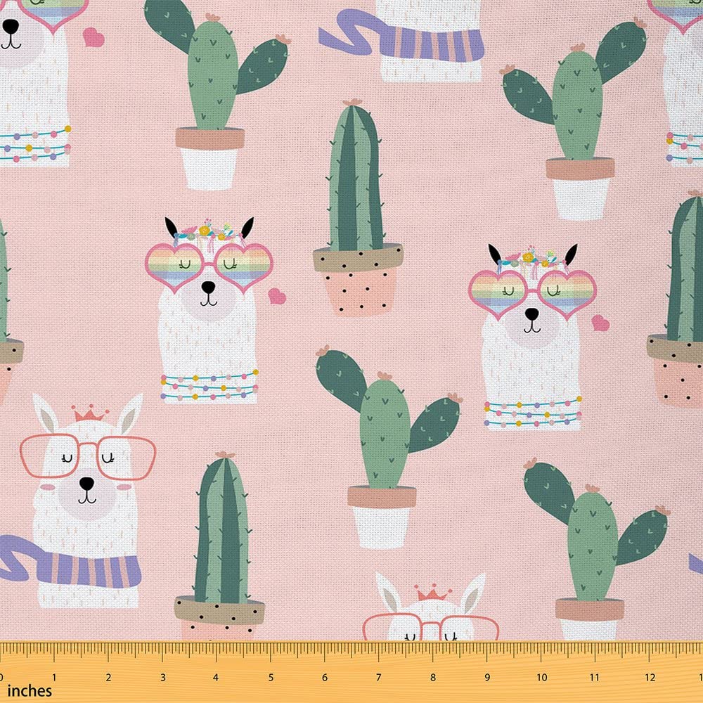 Llama Fabric by The Yard Cute Llama Alpaca Animal Cactus Theme Upholstery Fabric for Chairs and Home DIY Projects Cartoon Heart Glasses Pattern Decorative Waterproof Fabric 10 Yards (L920*W150cm)