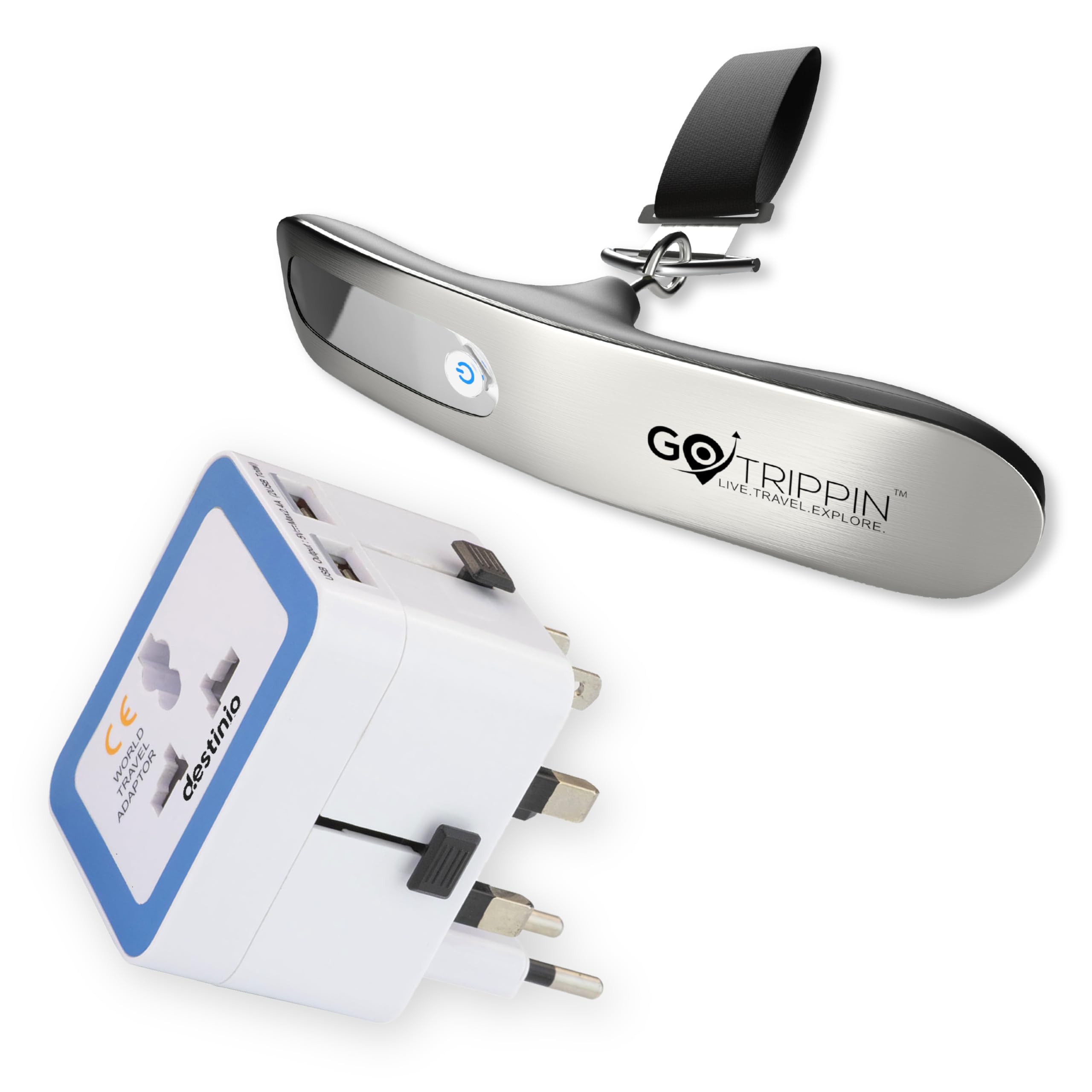 GoTrippin by Destinio Travel Combo Pack - 50 Kg Digital Luggage Scale (Steel Body) + Universal International Adapter with Dual USB 5V 2.4A (12W) for Worldwide (Weighing Scale Silver +12W Adapter)