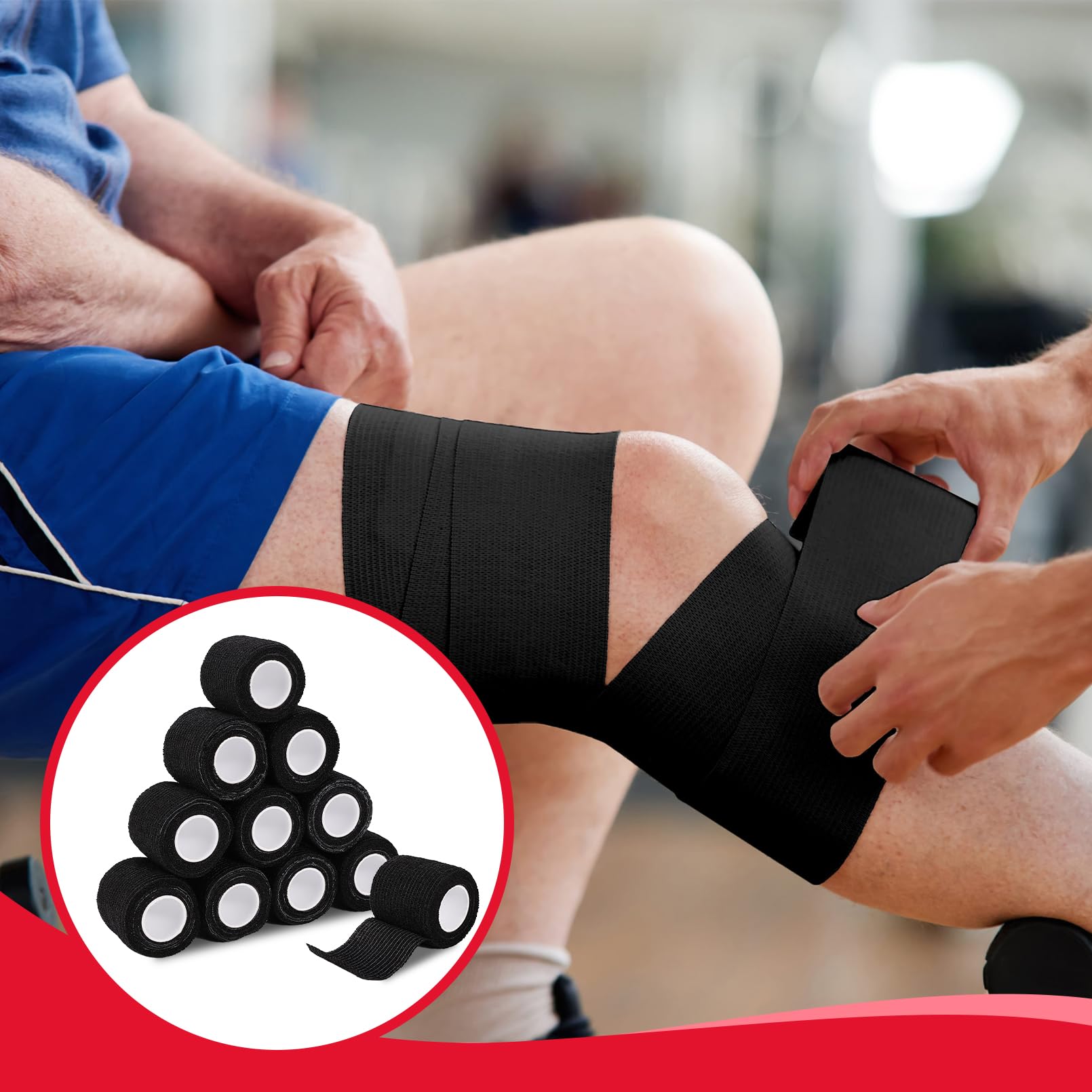 Selbstklebende kohäsive Bandagen, 64 Stück, schwarzes Sportband, selbstklebende Bandage, 5,1 cm x 4,5 m, elastische kohäsive Bandage, atmungsaktiv, Größe S