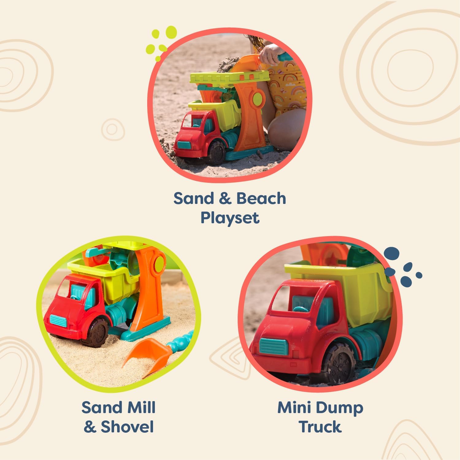 B. toys – Sandy Sifter Set – Sand Mill Playset with Dump Truck, Shovel – Sand & Beach Toys for Toddlers, Kids - 18+ Months