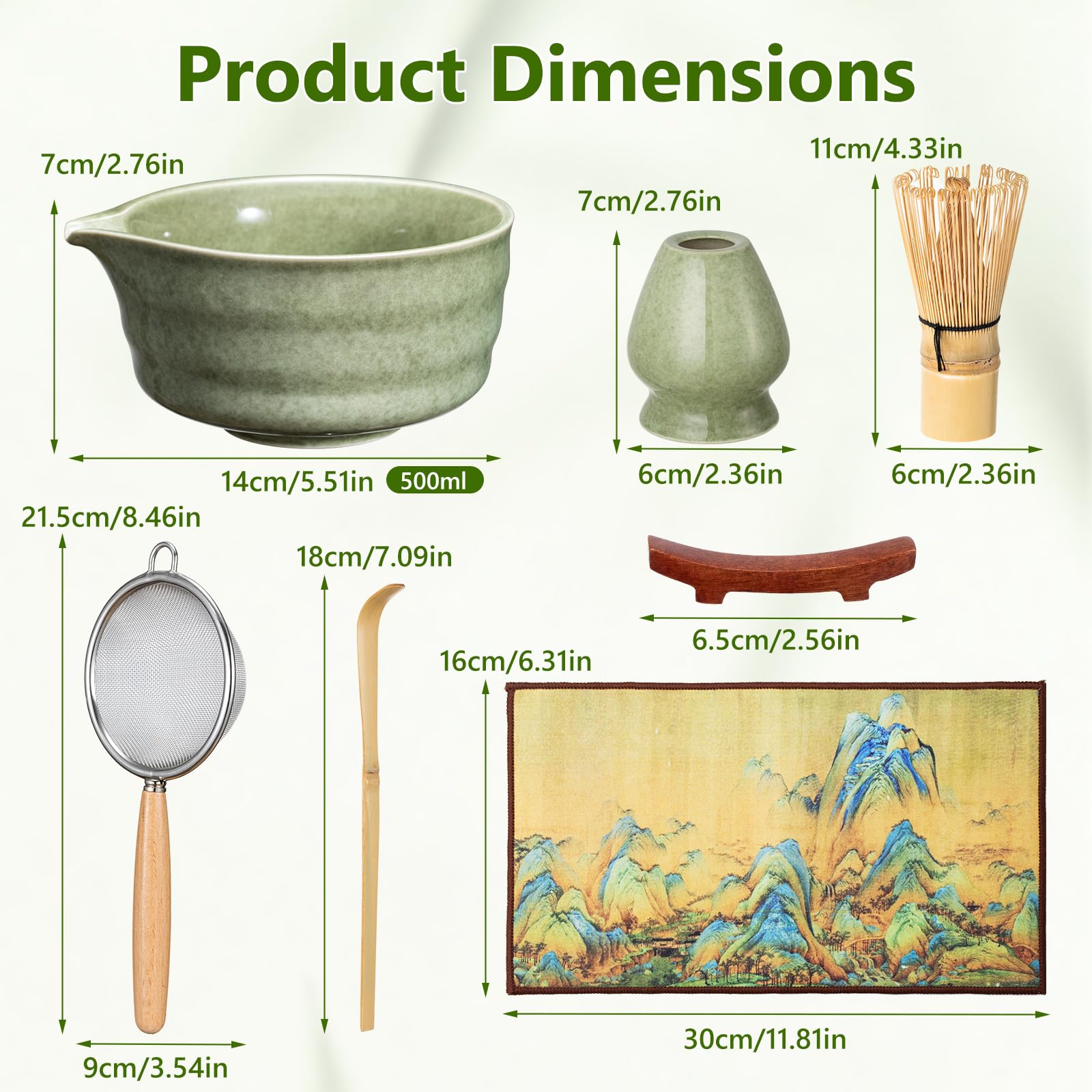 Set di Fruste per Matcha, Set da Tè Matcha da 7 Pezzi con Frusta in Bambù Ciotola in Ceramica Cucchiaio e Supporto Kit di Partenza Tradizionale per la Cerimonia del Tè (Verde)