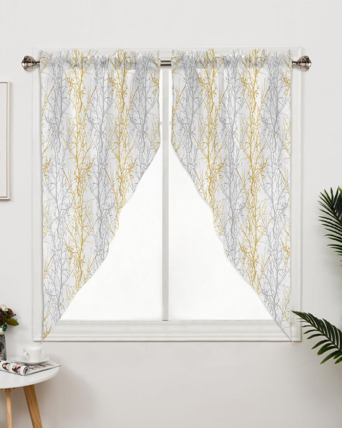Golden Grey Swag Valances for Windows 2 Pack, Pastoral Botanical Kitchen Window Curtains 36 Inch Length, Gray Branch Aesthetics Privacy Swag Curtains for Living Room/Bathroom with Rod Pocket 36"x36"