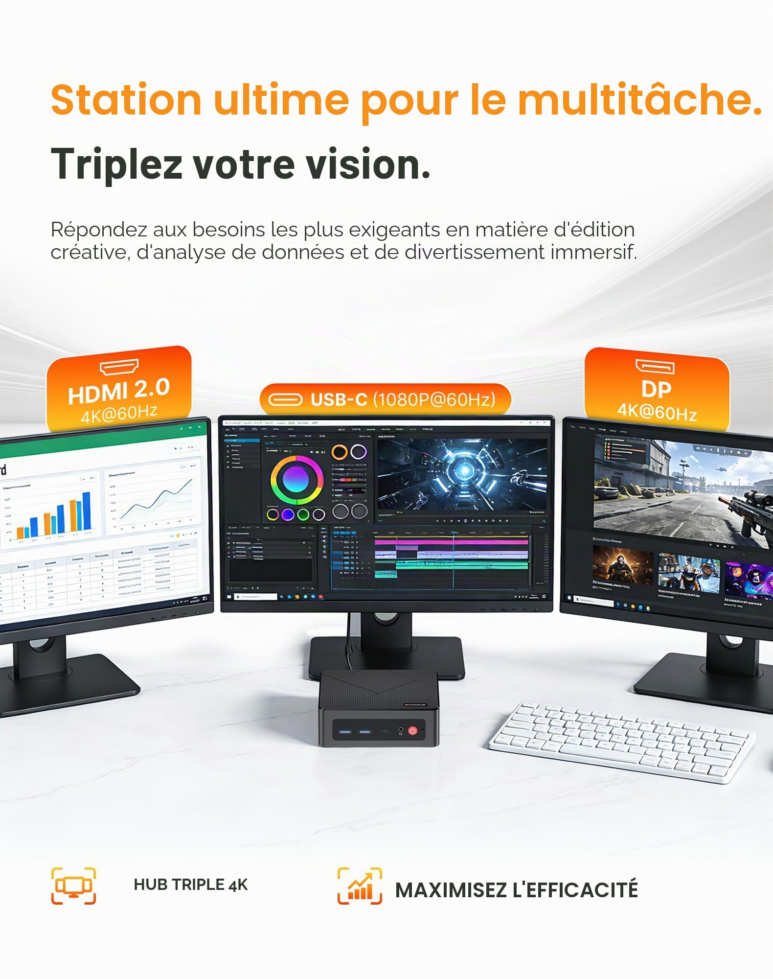 BOSGAME E4 Home-Office-Mini PC, Ryzen 5 3550H (jusqu'à 3,7 GHz, meilleur que le N150), 16 Go RAM DDR4, SSD NVMe 512 Go, Mini Ordinateur, affichage triple 4K, HDMI/USB-C/DP, Double LAN, Wi-Fi 5, BT 5.0