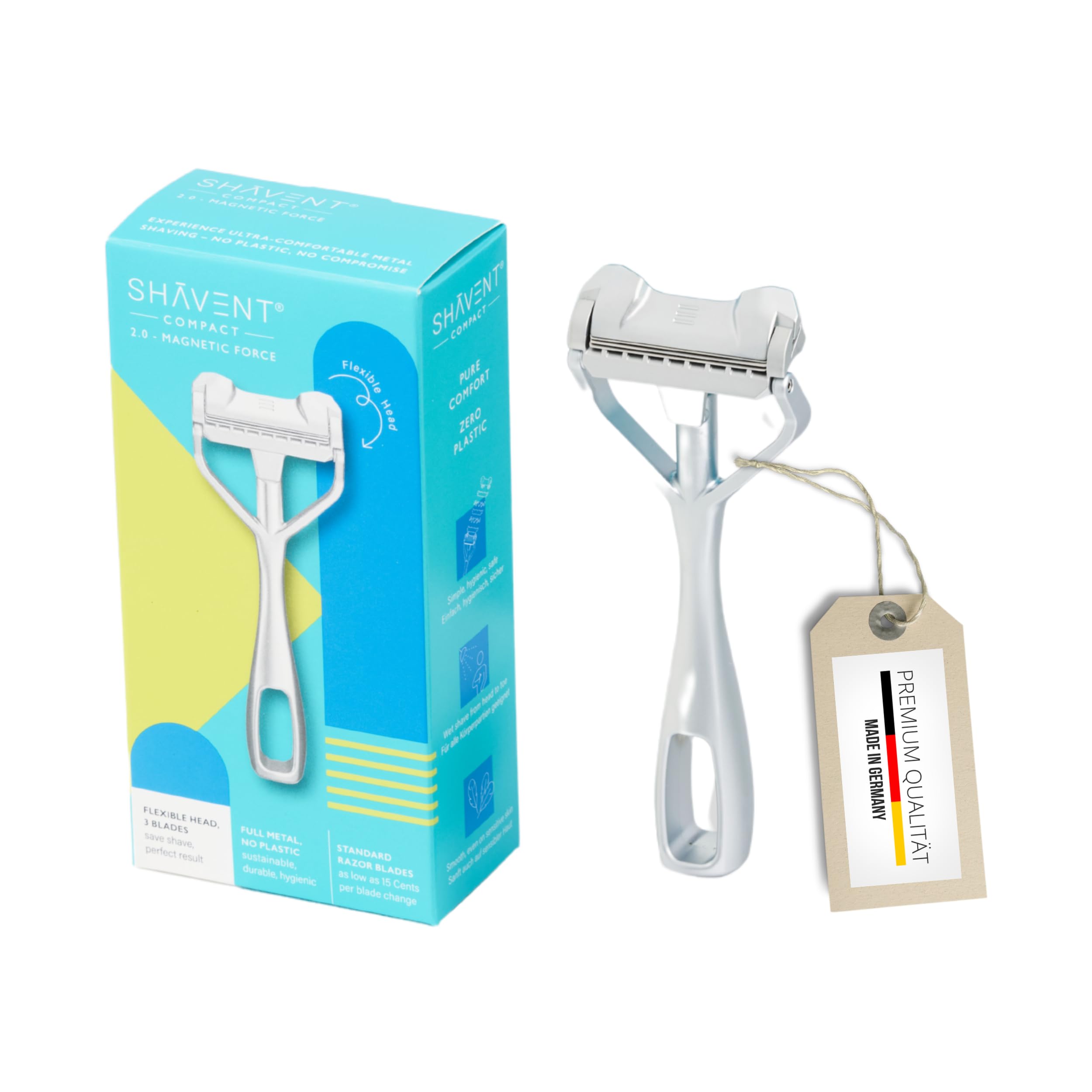 SHAVENT Compact 2.0 Schwingkopf-Rasierer, Damen Nassrasierer, Sanft & Sicher, Rasierer für Beine, Intimrasur, Bikinzone, Plastikfrei, Nachhaltig, Langlebig, Made in DE, Magnetischer Schwingkopf