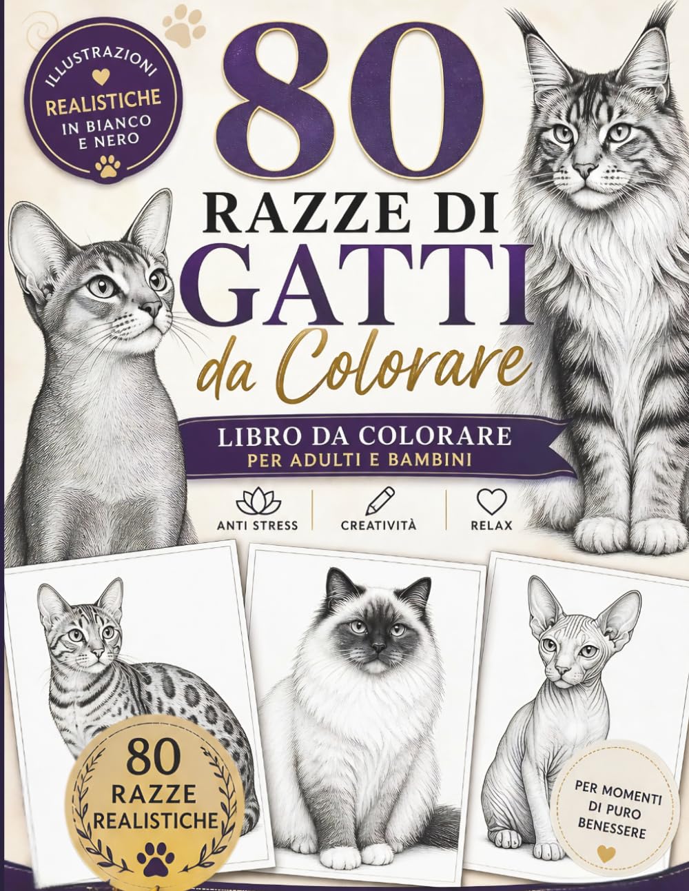 80 Razze di Gatti da Colorare: Libro Antistress con Illustrazioni Realistiche per Adulti e Bambini
