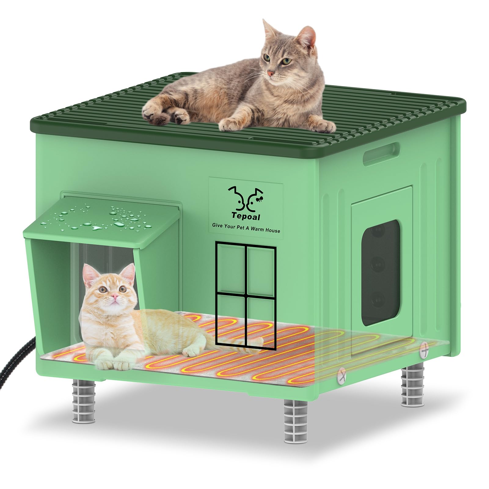 Tepoal 17.7"x17"x17.5" Plastic Heated Cat House for Outside Winter, Weatherproof Outside Cats Shelter with Safety Escape Doors and Heating Pads, Elevated Feral Cat House for Wild and Stray Cats Green — image 1