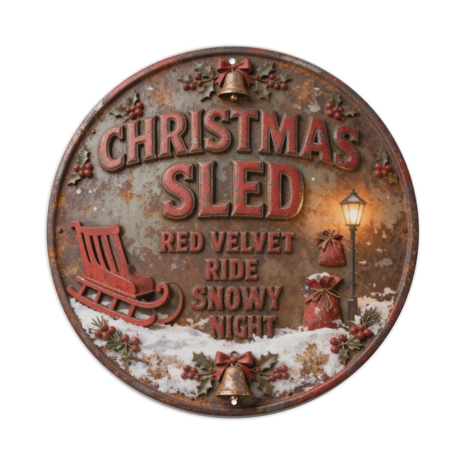 CHRISTMAS SLED RED VELVET RIDE SNOWY NIGHT Metal Tin Sign Plaque